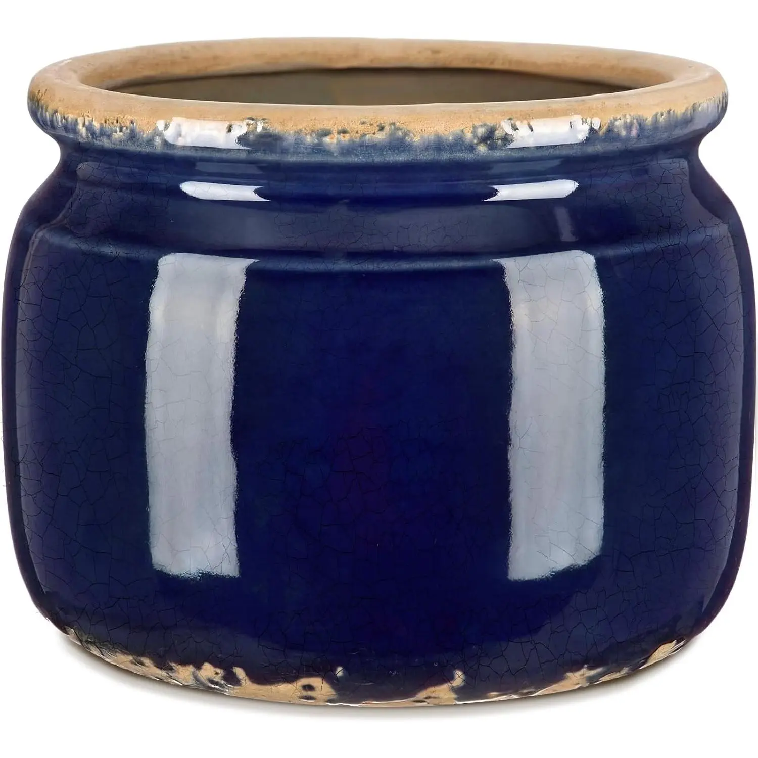 7.7" Large Ceramic  Pot Navy Blue  Planter Crackle  Decorative Coastal  Pot with Drainage for Indoor Outdoor   Shelf Kitchen Office Patio Decor