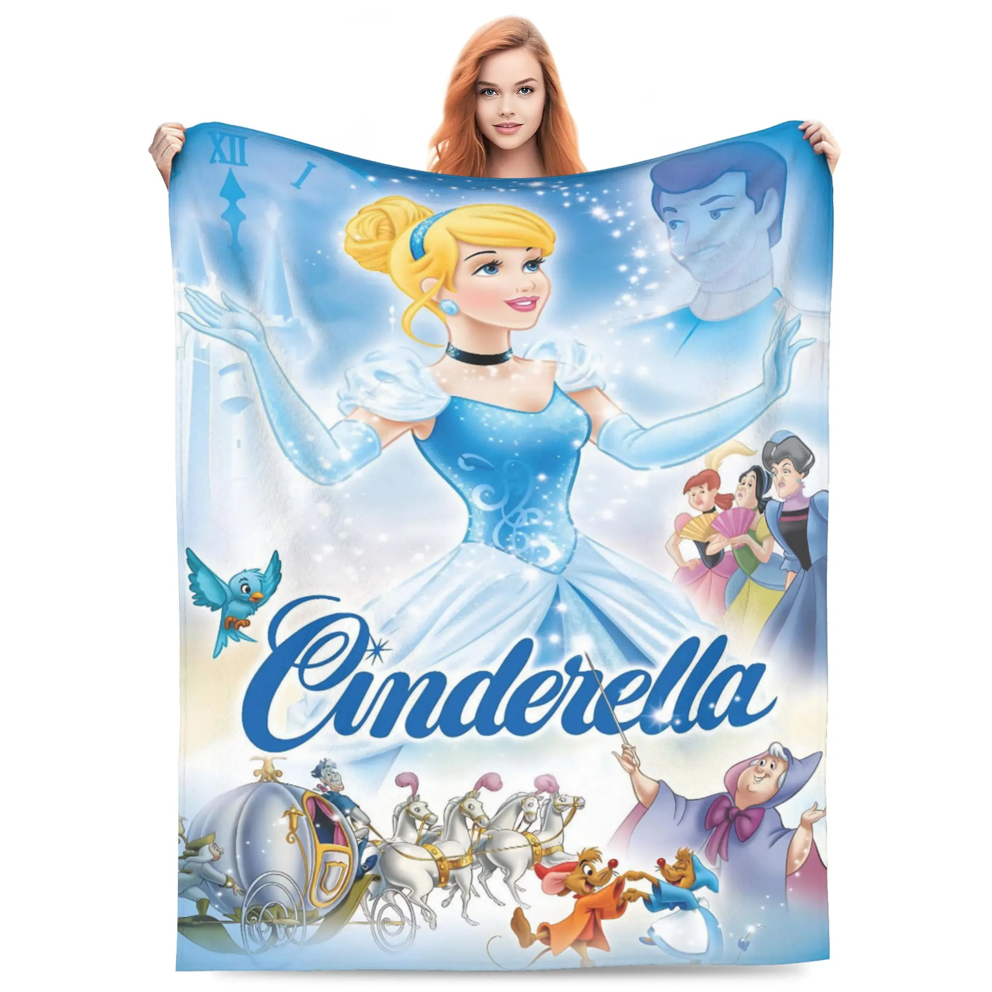 DISNEY CLASSIC Cinderella Classic Poster Flannel Blanket. Princess Cinderella, Fairy Godmother, mice, pumpkin carriage & castle print. Soft cozy throw for sofa bed, gift for girls and fairytale Disney fans.