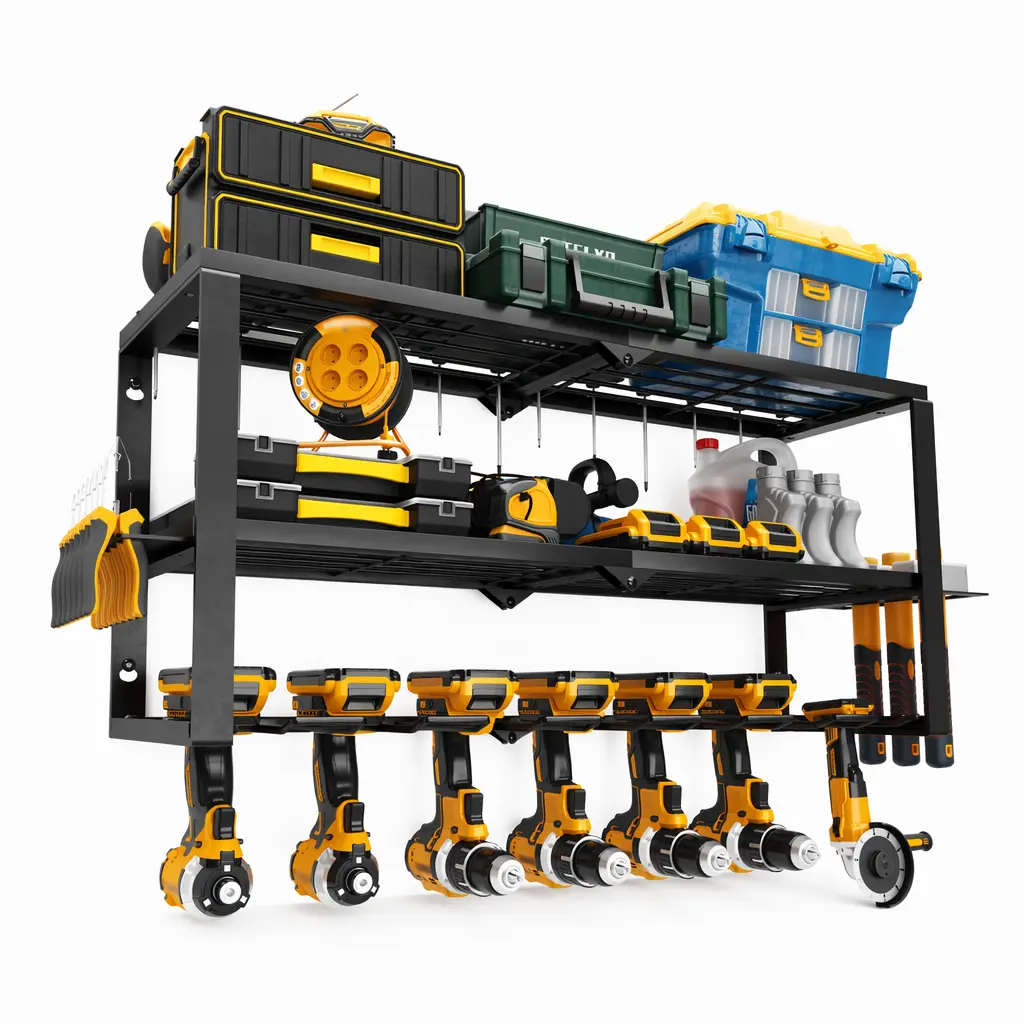 7-Slot Folding Wall-Mounted Metal Frame Tool Rack with Rack-Hooks, Space Saver Household Workshop Organizer for Handheld Hardware Tools Storage