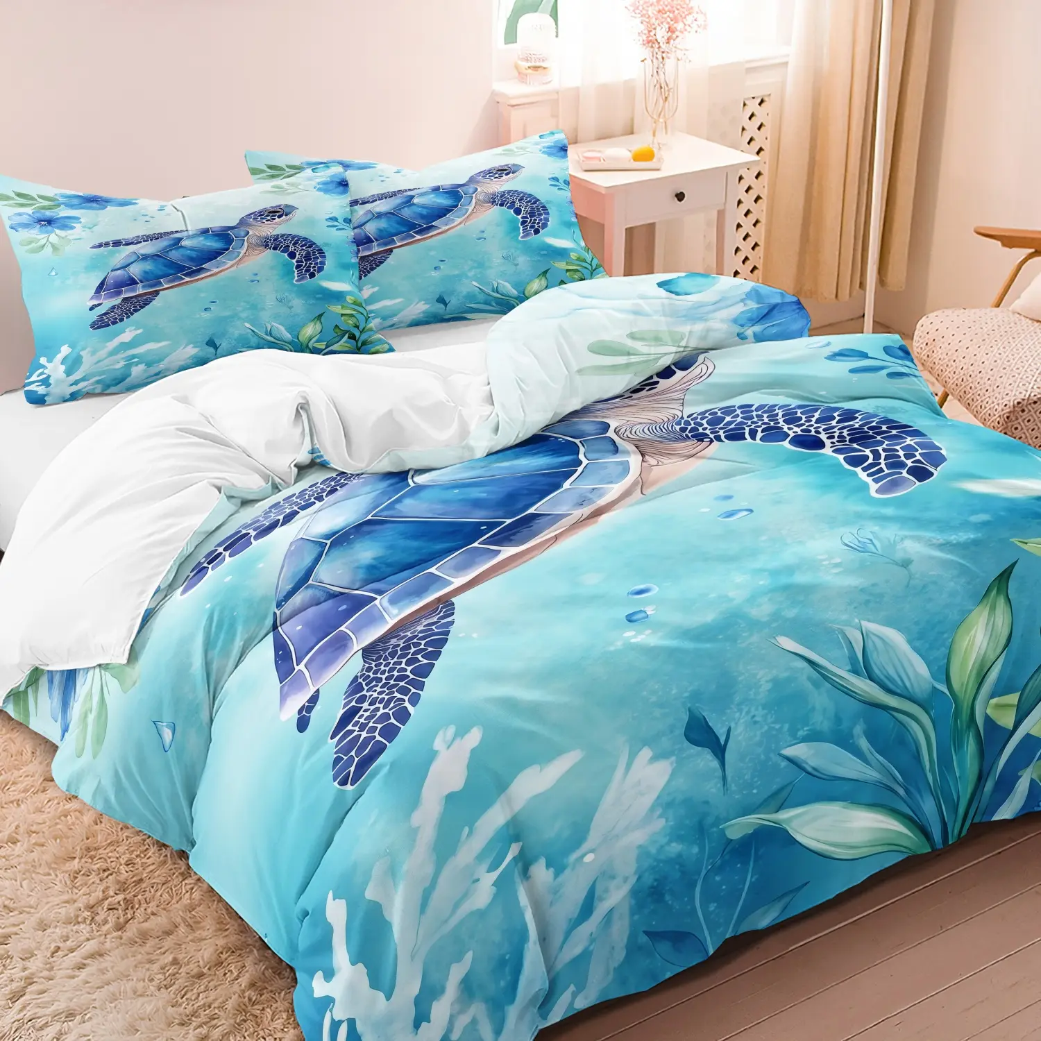 3pcs Set Tropical Ocean Turtle Floral Duvet Cover, Vibrant Blue Underwater Scenery Bedding With Sea Creature Elements, Perfect For Beach‑Themed Bedroom, Youth Dorm, Resort Hotel & Home Daily Use (1 Duvet Cover + 2 Pillowcases, No Comforter, No Pillow)
