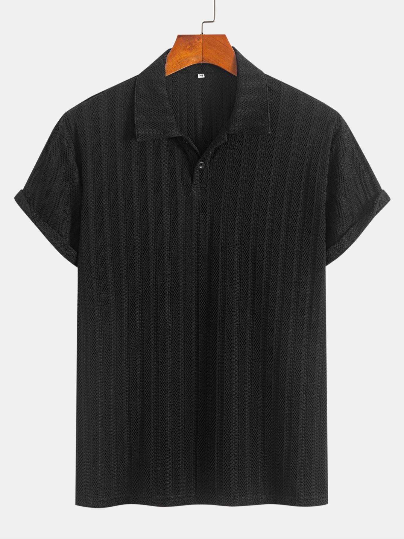 Men's Regular Fit Solid Jacquard Button Textured Polo Shirt, Casual Short Sleeve Polo Top for Summer, Fashion Men's Clothes for Daily Wear