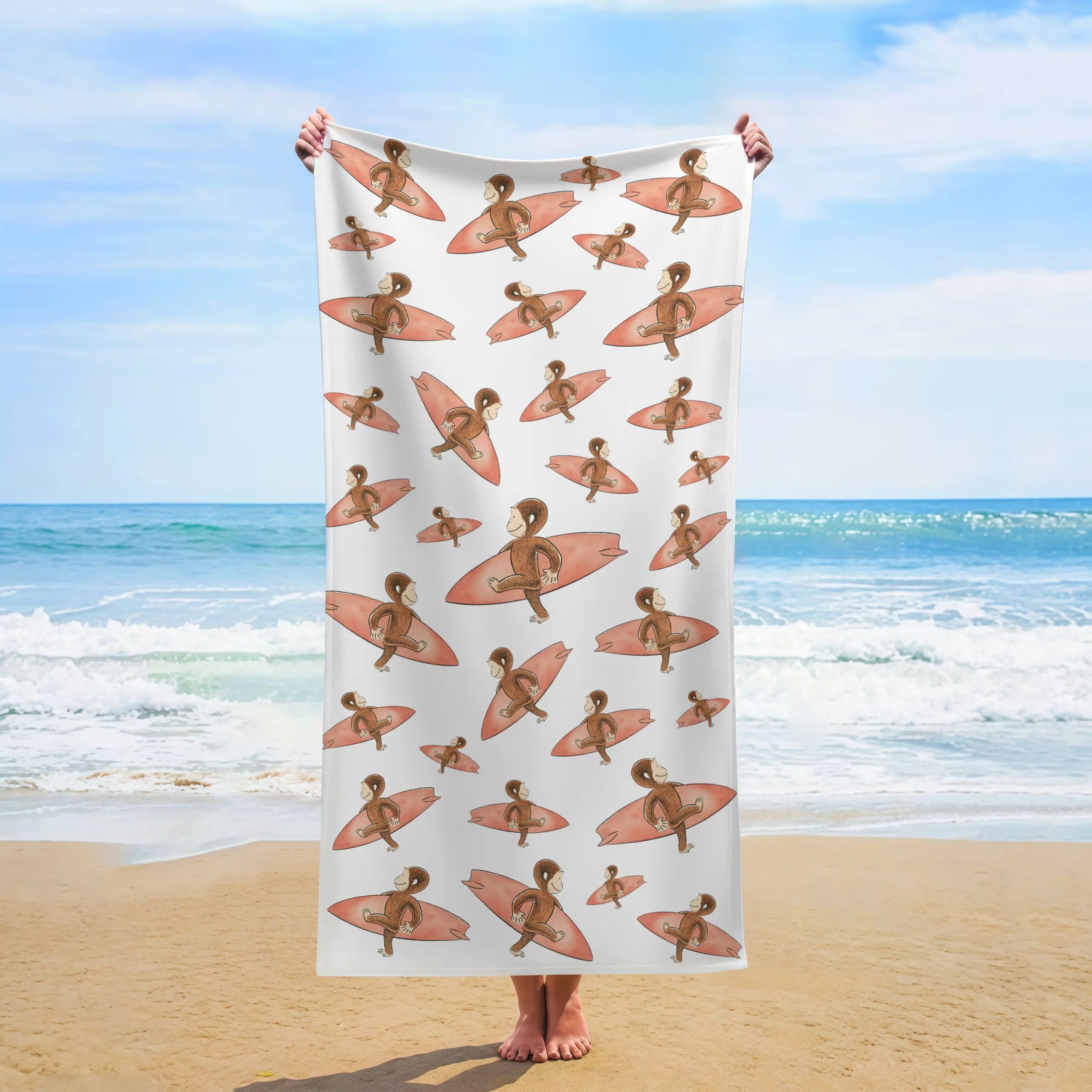 Cute Surfing Curious George Beach Towel, Vintage Watercolor Monkey Surfboard Allover Print, Quick-Dry Absorbent Fabric for Pool Days, Summer Beach Trips & Nostalgic Cartoon Lovers’ Daily Outdoor Use