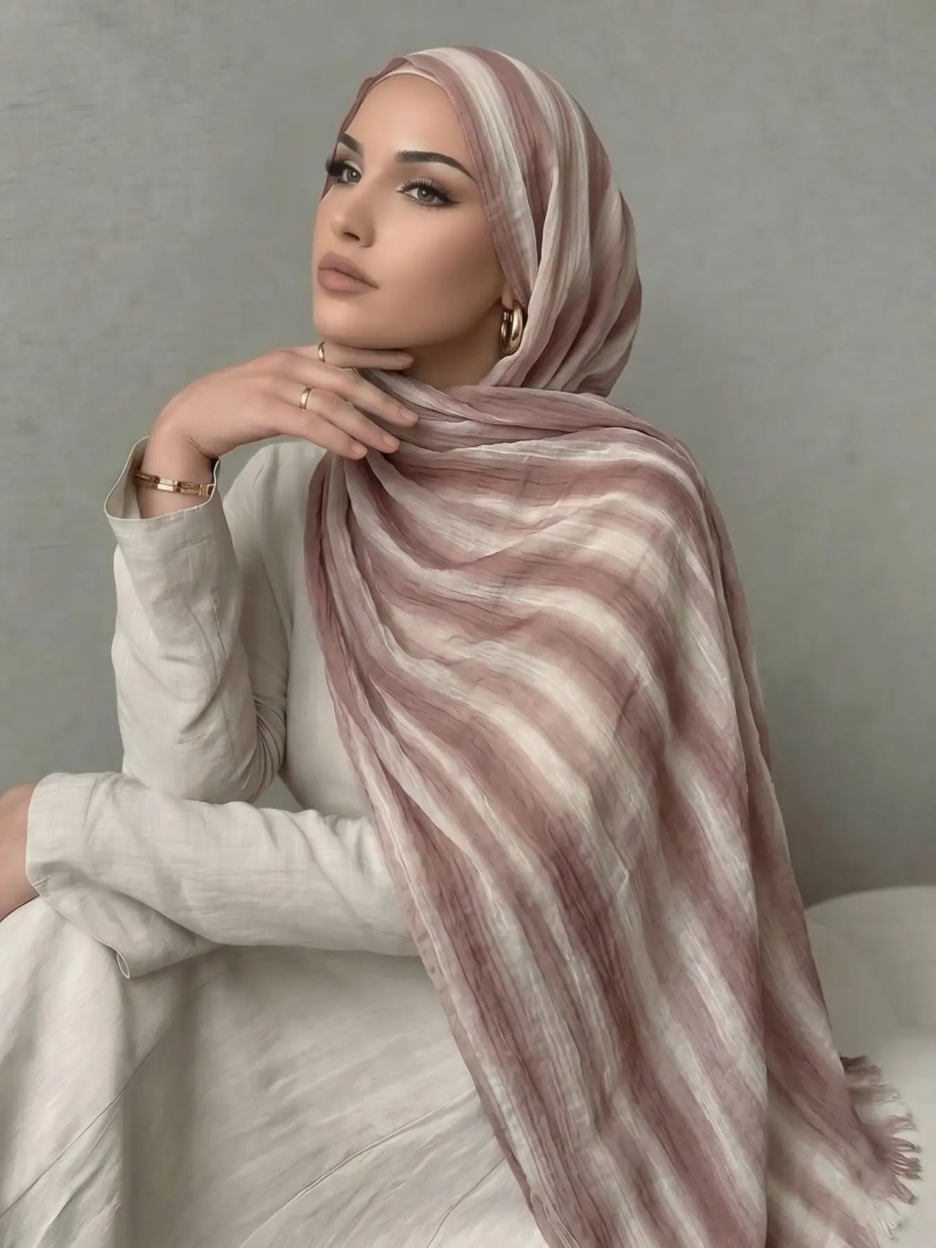 Gradient Vertical Striped Print Headscarf, Daily Versatile Casual Breathable Fringe Long Scarf, Hijab for All Seasons, Fashion Accessory