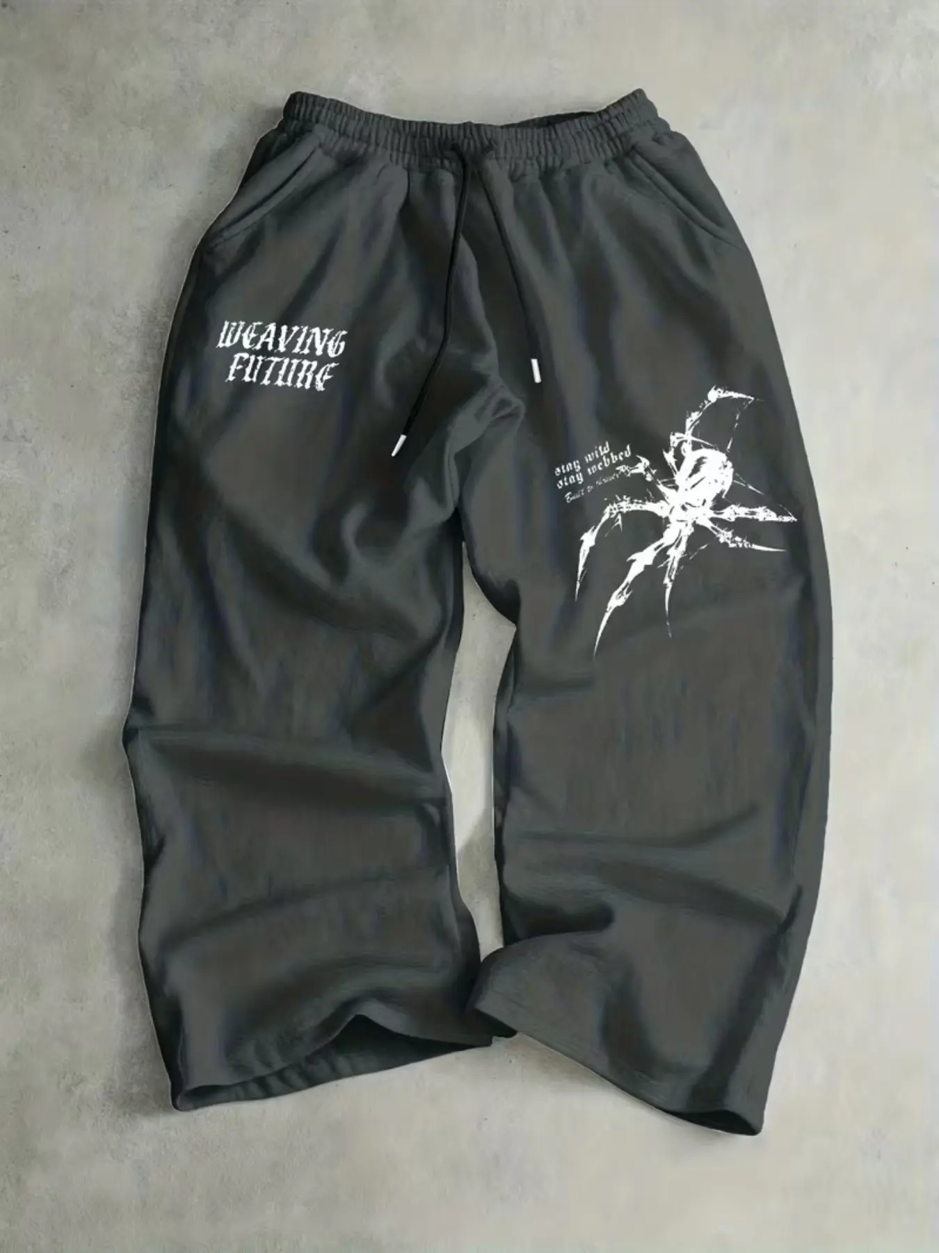 Men's Spider Print Wide Leg Sweatpants, Gothic Style Loose Fit Drawstring Casual Long Pants, Spring & Fall Streetwear Trousers