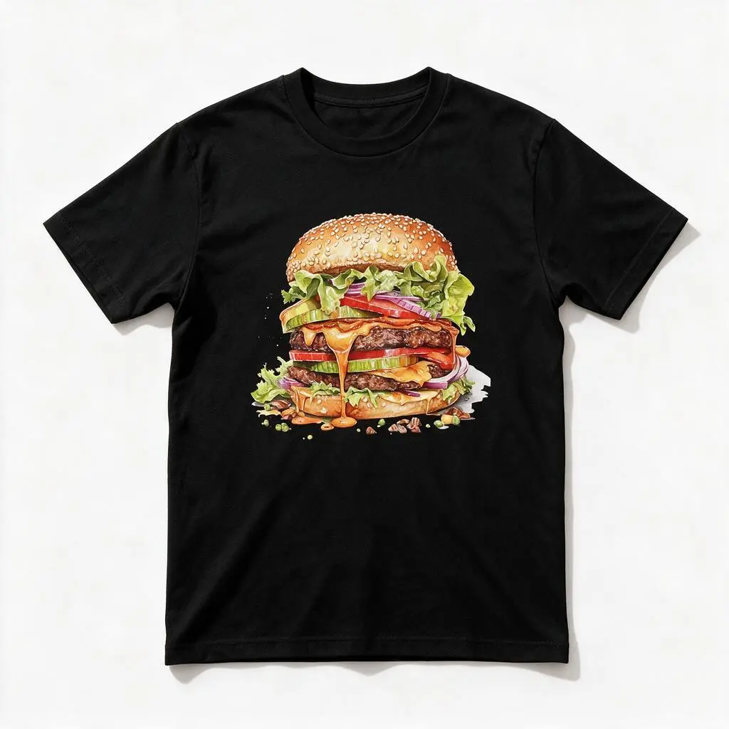 Men's Vintage Food Lover Cotton T-Shirt - Realistic Juicy Big Cheeseburger Graphic Print, Short Sleeve Crewneck, Fun Foodie Casual Street Style Menswear Tops