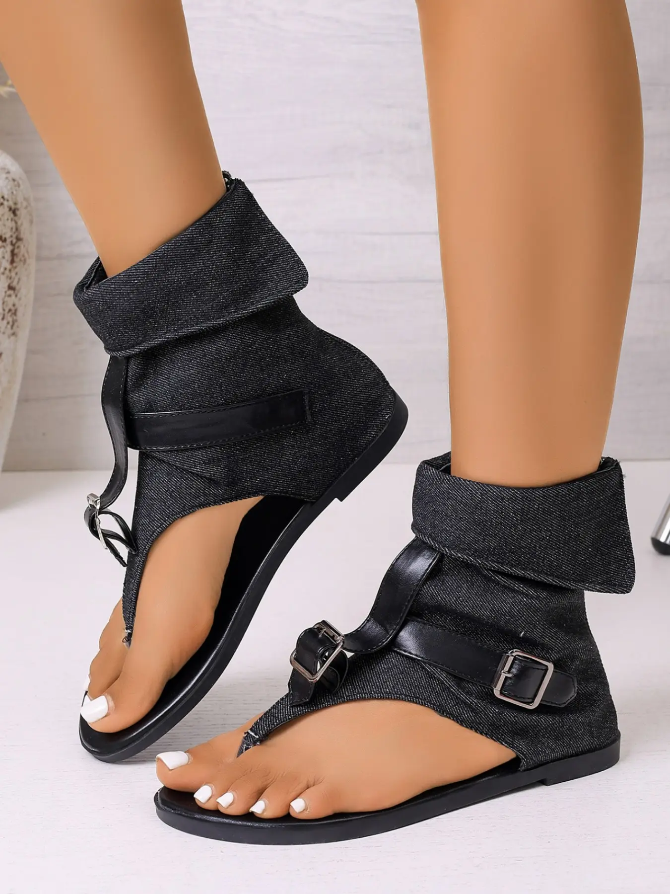 Women's Denim High-Top Sandals, Adjustable Buckle, Street Style, Perfect with Shorts, New Arrival, Unique Fashion Footwear