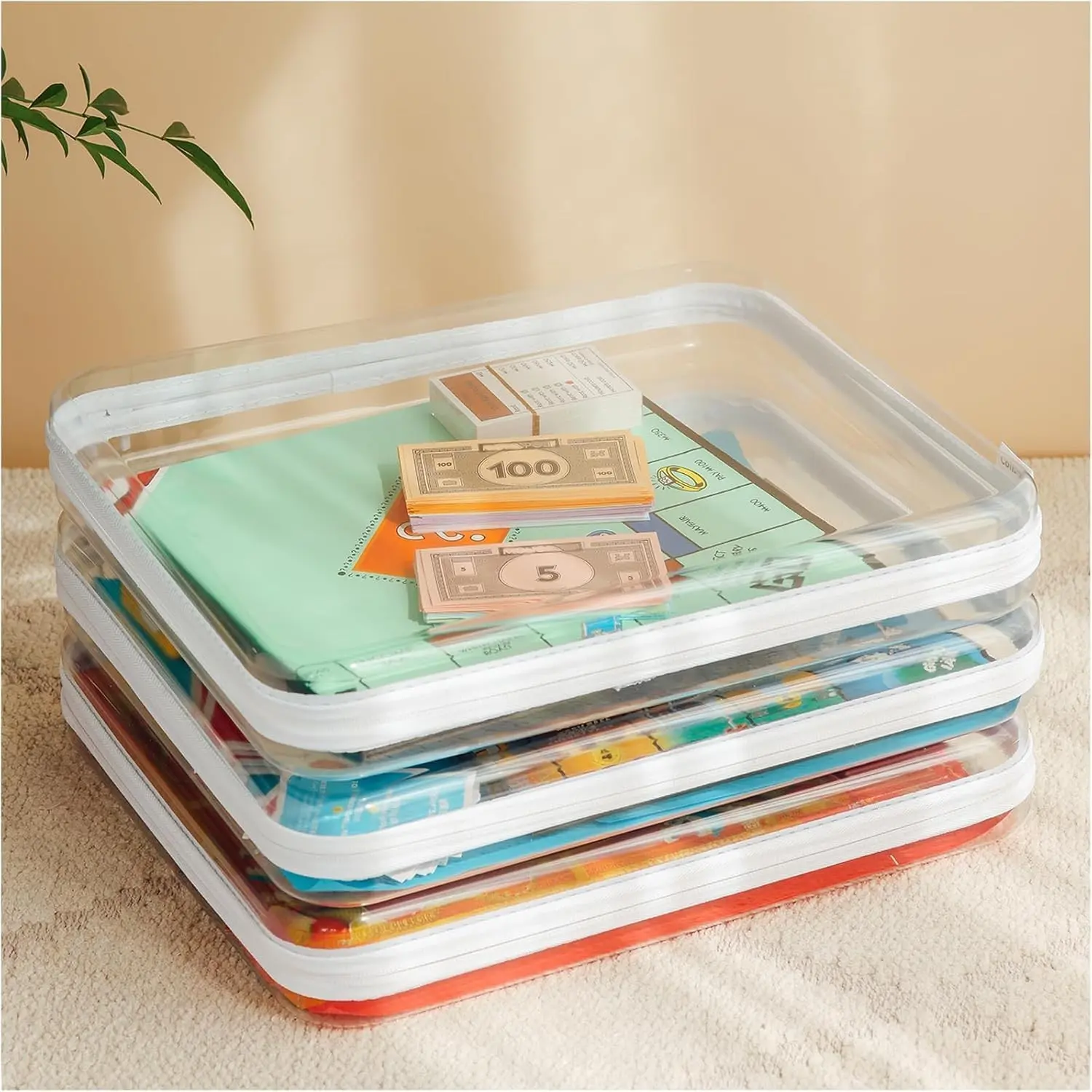 Board Game Storage,Extra Large Clear Hard Shell Case with Zipper, 3 Packs Board Game Organizer and Storage for Games Puzzle Magazine A4 Paper Craft Hobby Art Supplies