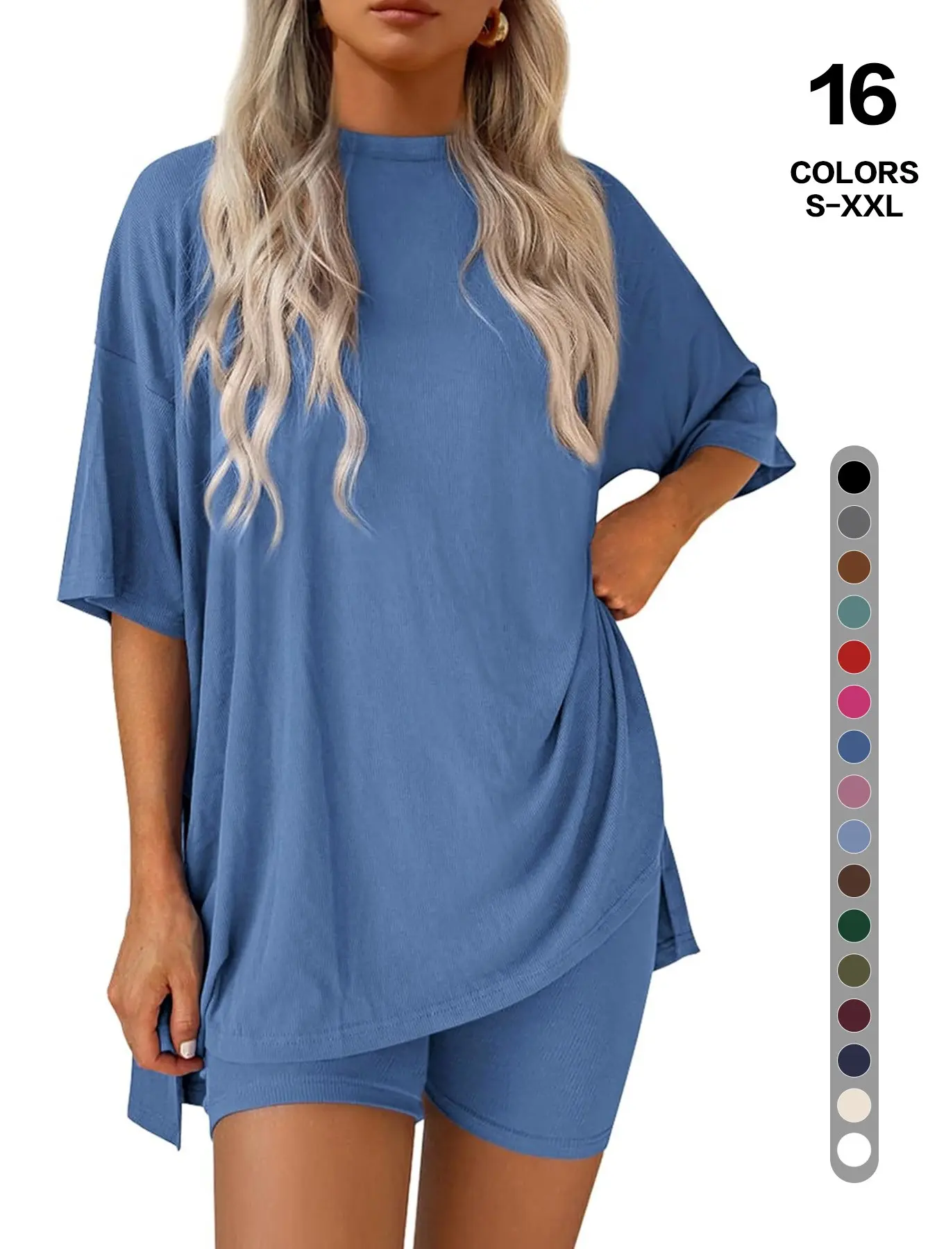 Women's 2-Piece Pajama Set, Plain Round Neck Split T-Shirt and Tight Short Pants, Casual Comfortable Summer Sleepwear, Can Be Worn Outdoors