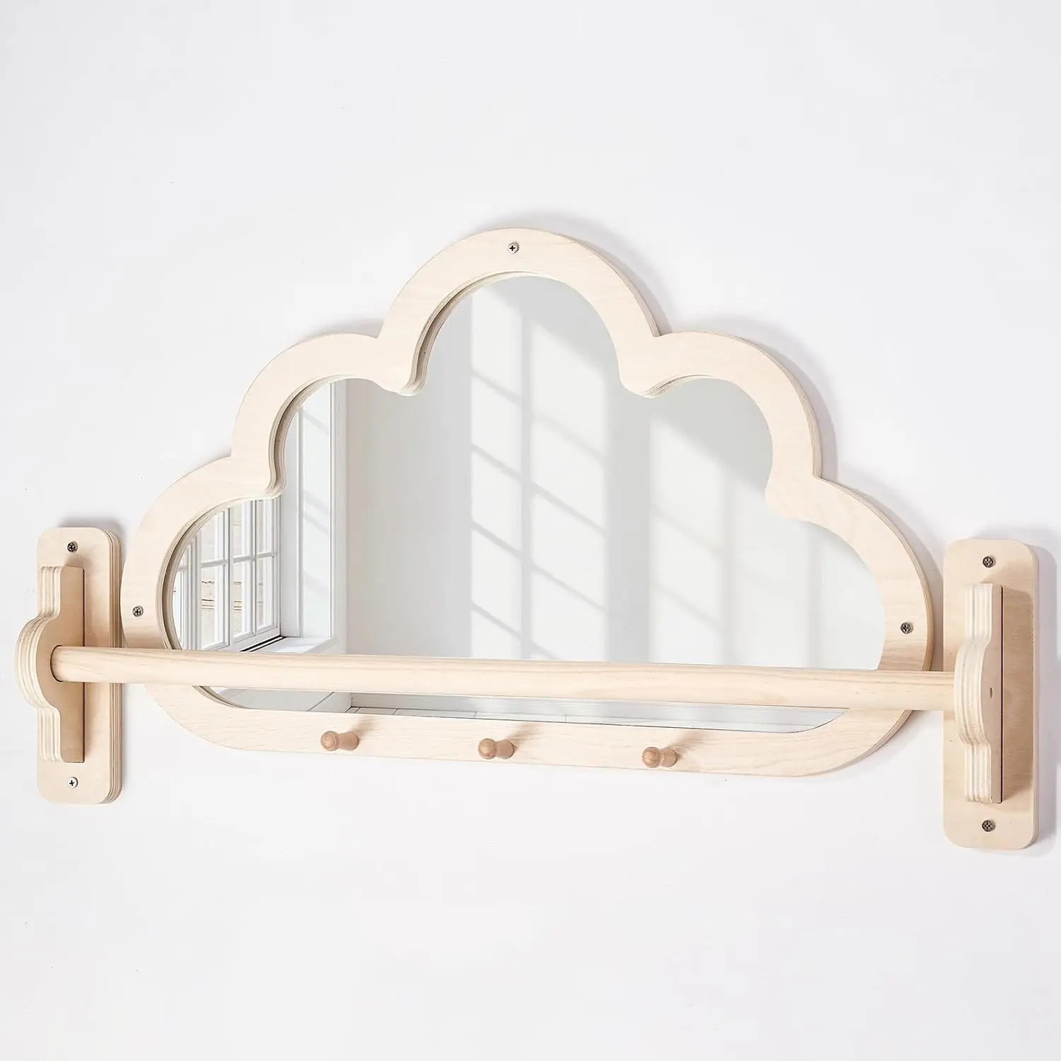 Montessori Baby Mirror with Pull Up Bar, Shatterproof Toddler Pull to Stand | Cloud-shaped wooden pull to stand toy gym, CPC safe infant gift for nursery wall, ages 6-18 months.