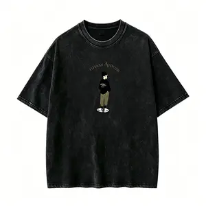Men's Oversized Acid Wash Short-Sleeve Round Neck T-Shirt, 90s Retro Streetwear Drop Shoulder Casual Menswear with Minimalist Boy Character Graphic Print