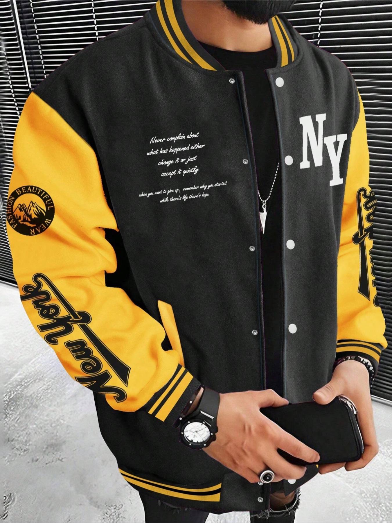 Men's Letter Print Baseball Collar Bomber Jacket, Loose Casual Sporty Long Sleeve Varsity Jacket for Fall & Winter, Men's Knit Outerwear for Daily Wear