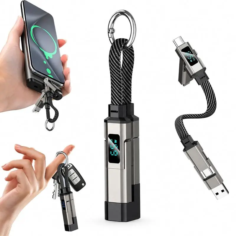 4-in-1 Digital Display Keychain Charging Cable, 65W USB C Fast Charging Short Cord, Portable Multi Charger Key Ring for iPhone, iPad, Samsung, USB C Devices, Tablets, Laptops (Black)