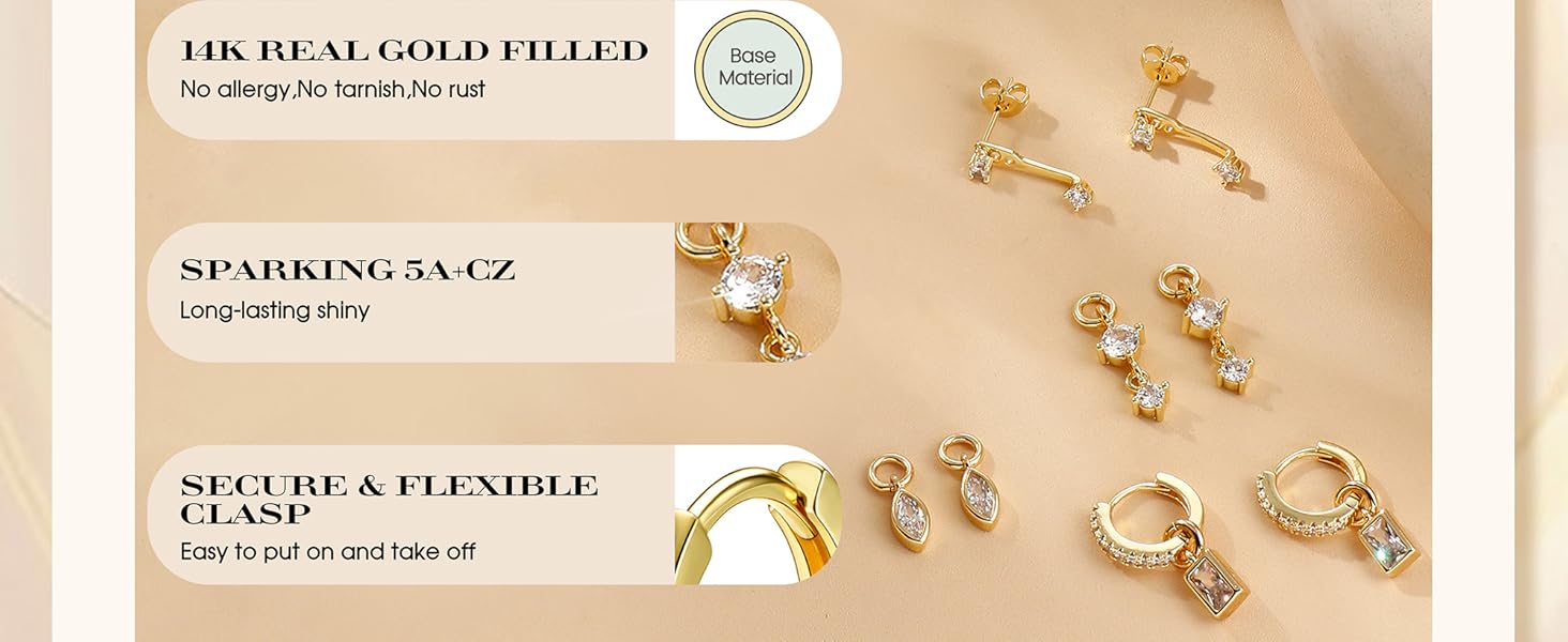 CASSIECA Gold-Plated Hoop Earrings for Women – Hypoallergenic Gold-Plated Hoops Cartilage Earring Sets for Multiple Piercing Dainty Silver Huggie Stud Earring Stacks with Charm