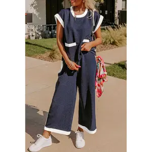 Women's 2 Piece Lounge Set Short Sleeve Pullover Top Wide Leg Long Pants Casual Tracksuit Outfit