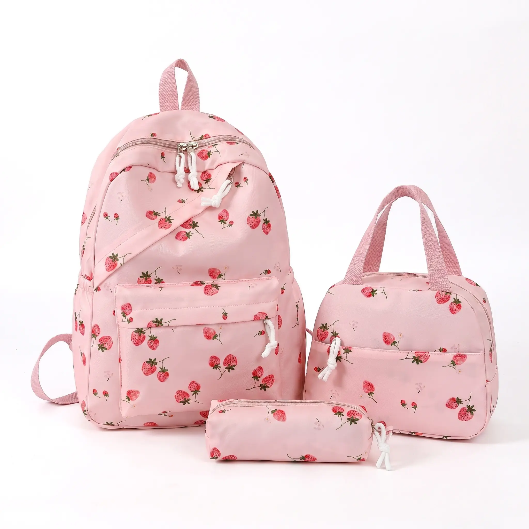 Cute Strawberry Unisex Backpack Set, 14in Lightweight Nylon School Backpacks for School with Padded Sleeve, 36-55L Campus Look Bag for Casual Travel, Breathable Polyester Lining, Durable Stitching, Curved Shoulder Straps, Prop 65 Safe