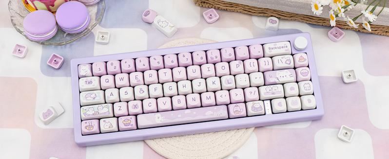 COOMICKEY PBT Keycaps MOA Profile 132 Keys Dye Sublimation Purple Cute Cat Customized Set for ANSI Cherry MX Switches Mechanical Keyboards with Keycap Puller
