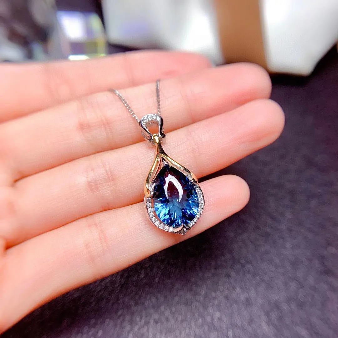 Women Decorative Necklace with Two-Tone Electroplated Finish, Mermaid Teardrop Pendant Inlaid with Simulated Sapphire Stones, Lightweight Neck Accessory for Daily Matching & Gift Use
