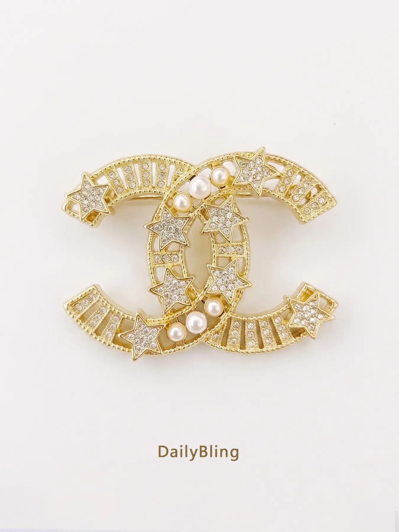 Luxury CC Brooch pins for Women, Sparkly Star & Round Pearl Hollow Letter Brooch, Gold Silver Options, Scarf Hat Ornament