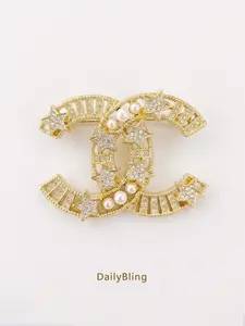 Luxury CC Brooch pins for Women, Sparkly Star & Round Pearl Hollow Letter Brooch, Gold Silver Options, Scarf Hat Ornament