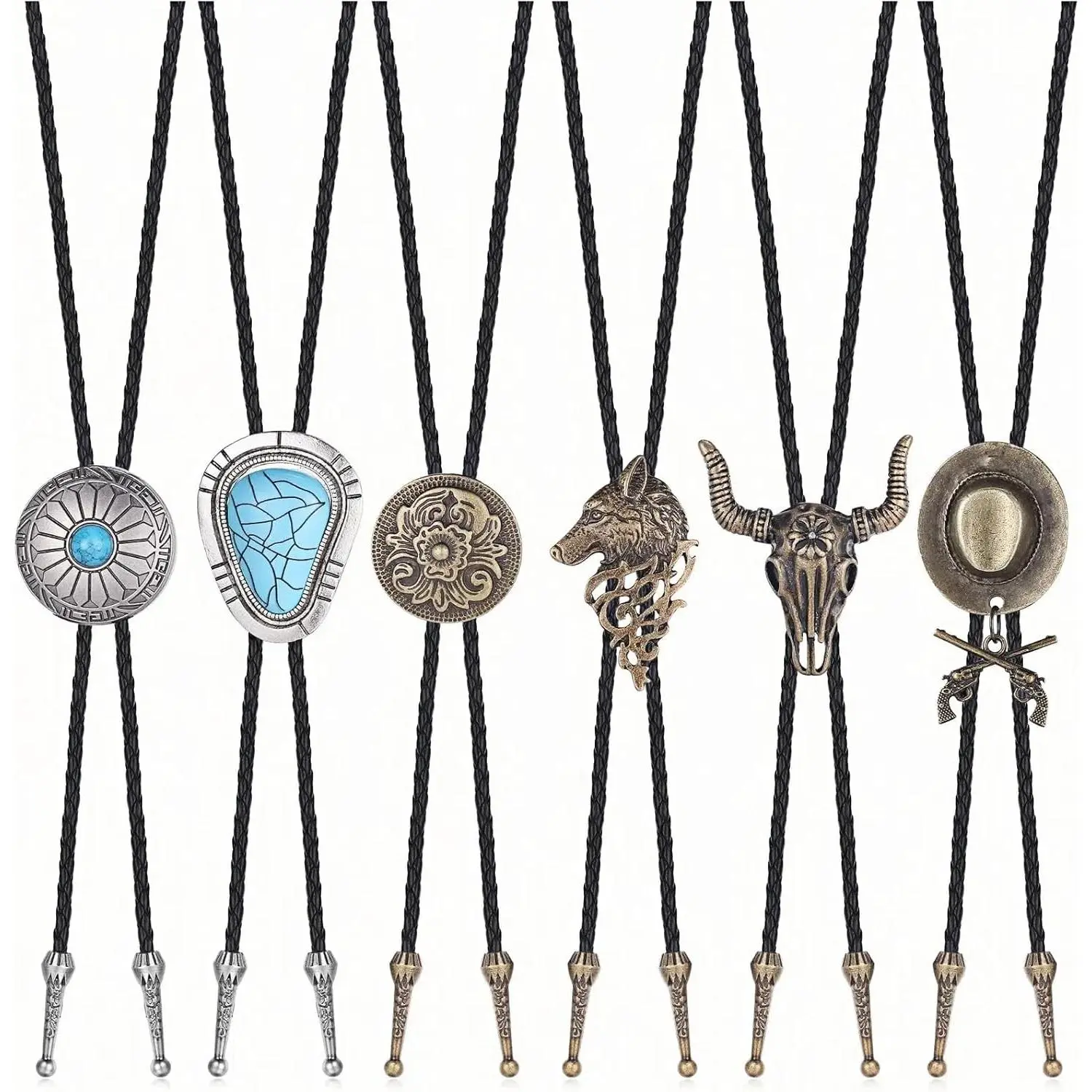 6Pcs Bolo Tie for Men Western Cowboy Natural Turquoise Tiger Eye Stone Necktie Native American Bola Tie Set(Gift)