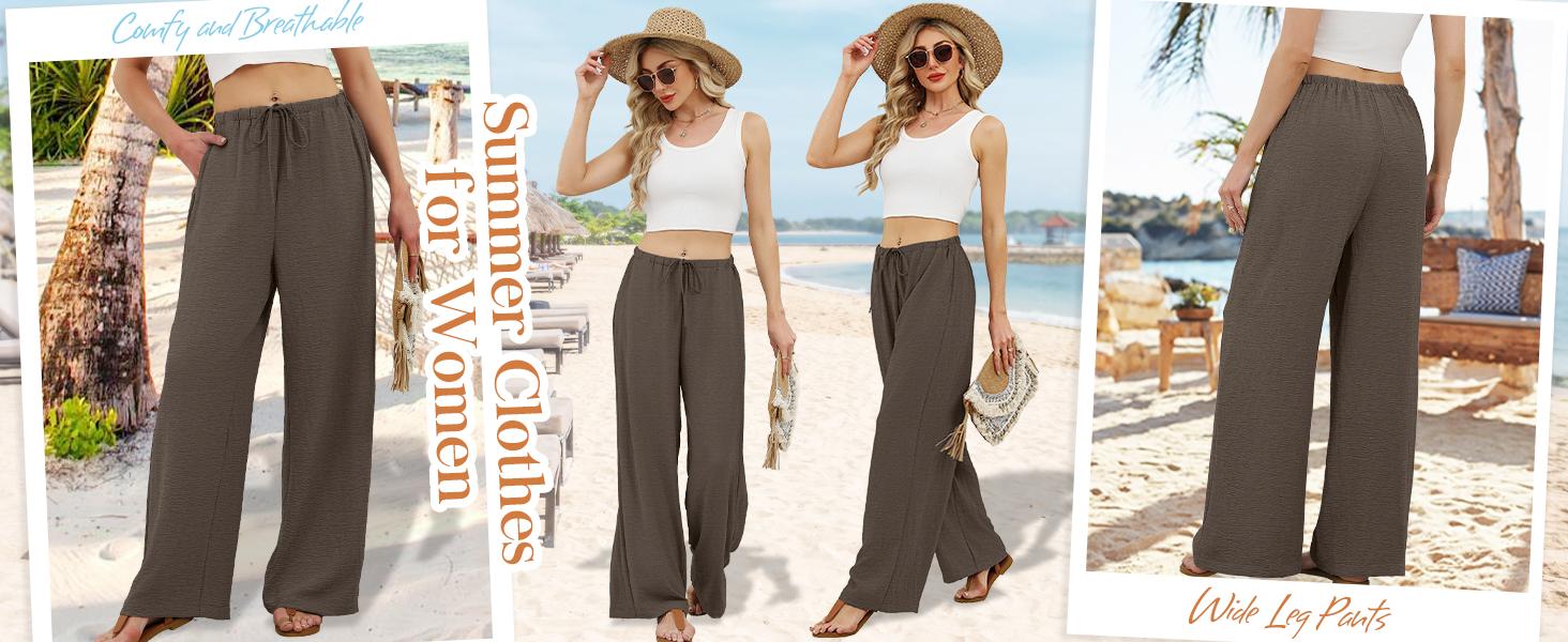 Wiholl Wide Leg Pants for Women Flowy Palazzo Drawstring Elastic Waist Trousers with Pockets Summer Beach Vacation Clothes