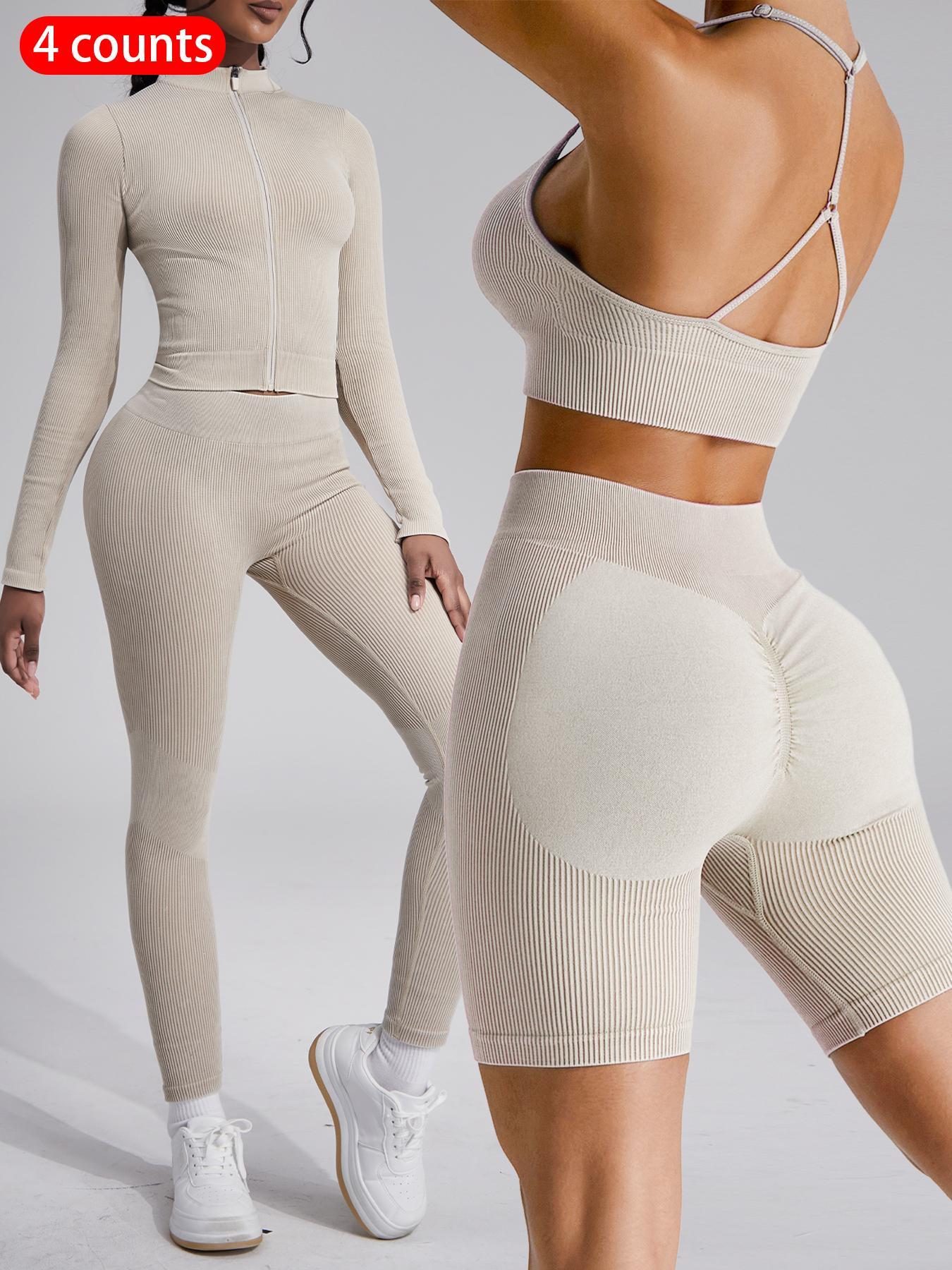 Women's Plain Tracksuit Set, Sports Zip Up Crop Jacket & High Waist Leggings, Ladies Spring & Fall Clothes, Gym Wear, Yoga Suit Outdoor