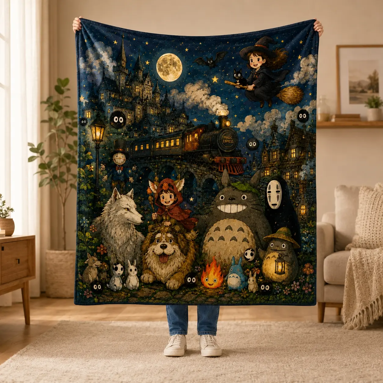Magic Night Forest Train Fleece Throw Blanket, Cute Anime Style Castle Moon Blanket, Soft Cozy Sofa Bed Dorm Decor Gift