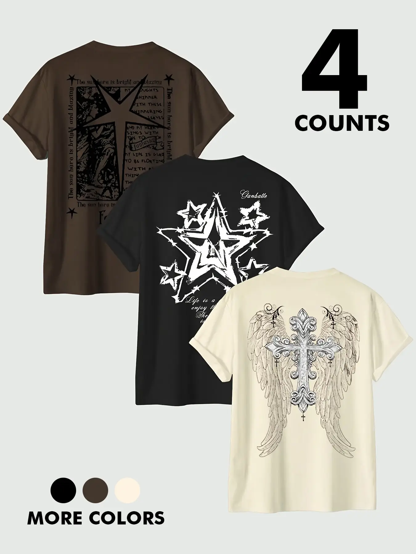 Men's Y2K Dark Aesthetic Graphic T-Shirts 3-Pack, Grunge Star & Gothic Cross Wing Print Tees, Spring Sale Deals 2026, Wrinkle Resistant Soft Fabric #springsaledeals2026 #everydayoutfits #y2kdarktees #streetwear