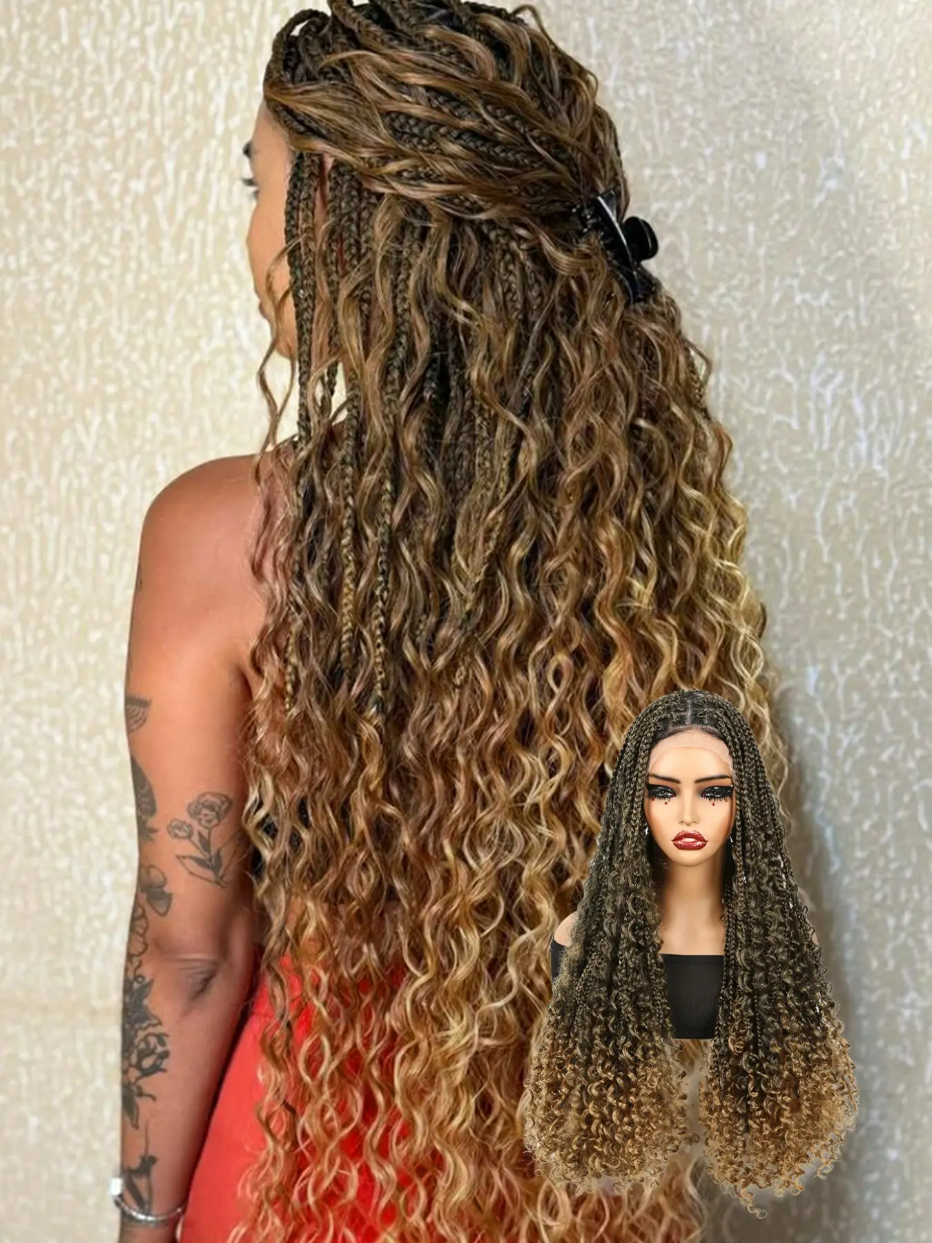 Brown Ombre Full-Lace Bohemian Braided Wig, Lace Braided Wigs, 30-Inch Wig Unit, Boho Style Wigs. Crafted from synthetic fibers, featuring a pre-plucked hairline and a natural, realistic-looking scalp effect for women's daily wear