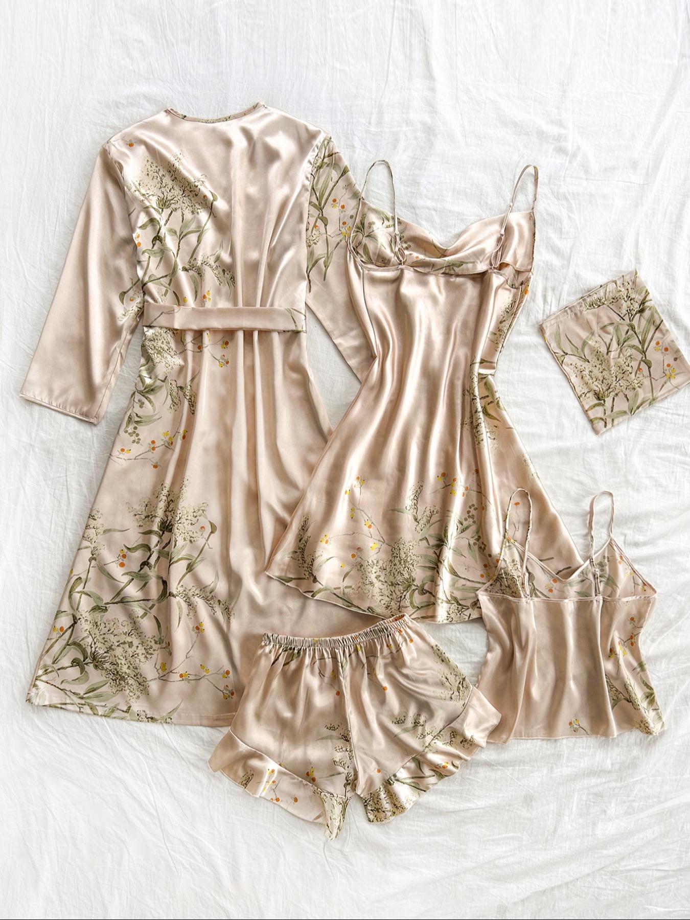Women's Plant Print Satin Pajama Set with Belted Robe, Cowl Neck Cami Nightdress, Backless Cami Top, Elastic Waist Shorts & Storage Bag, Casual Comfortable Women's Sleepwear