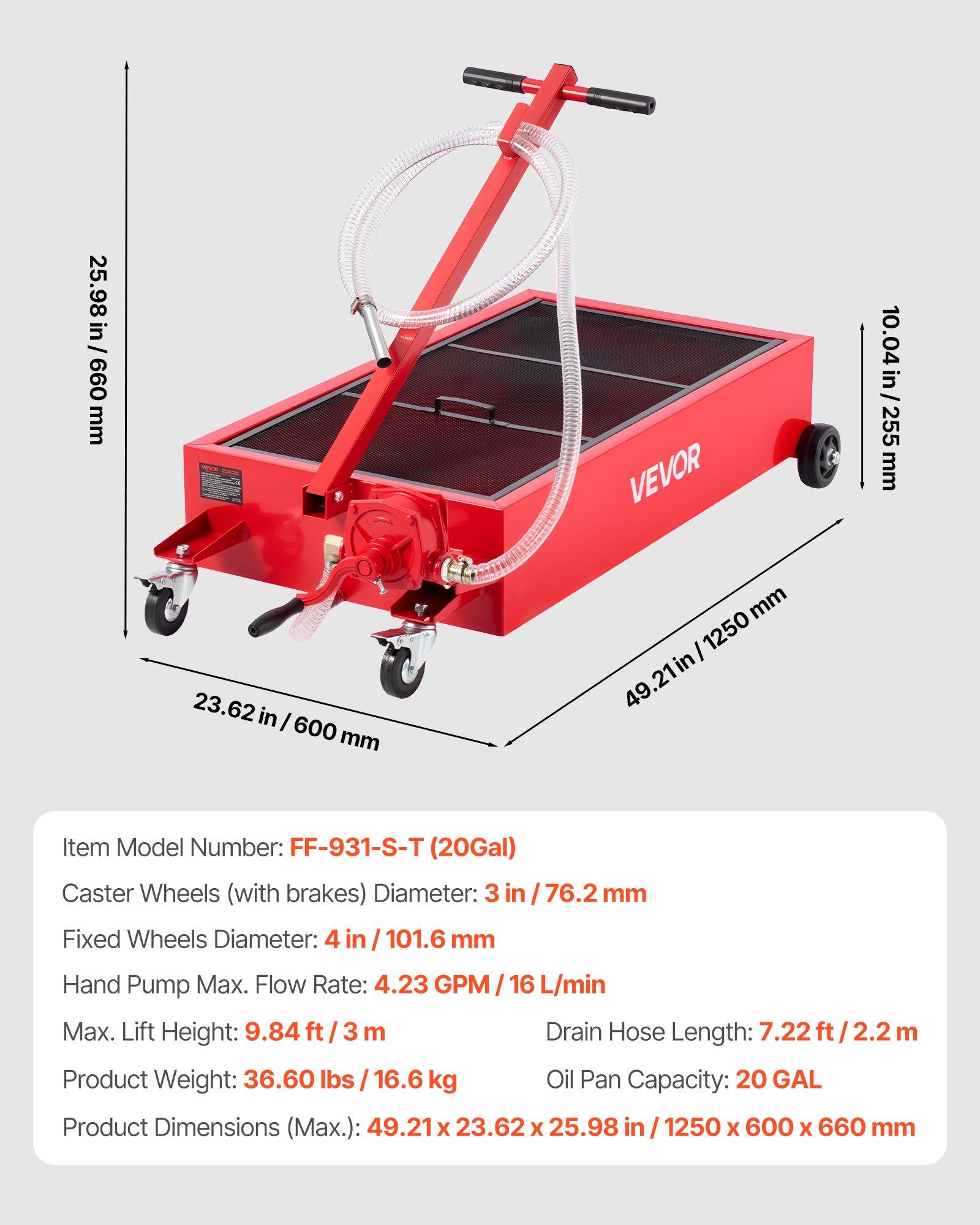 VEVOR Low Profile Oil Drain Pan, 20 Gallon Capacity, Rolling Oil Drain Pan with Manual Pump, 7.2 ft Hose & T Folding Handle, Leak-proof & Corrosion-resistant, Fit for Cars, SUVs, Trucks, ATVs, Red VEVOR Low Profile Oil Drain Pan, 20 Gallon Capacity, Rolling Oil Drain Pan with Manual Pump, 7.2 ft Hose & T Folding Handle, Leak-proof & Corrosion-resistant, Fit for Cars, SUVs, Trucks, ATVs, Red