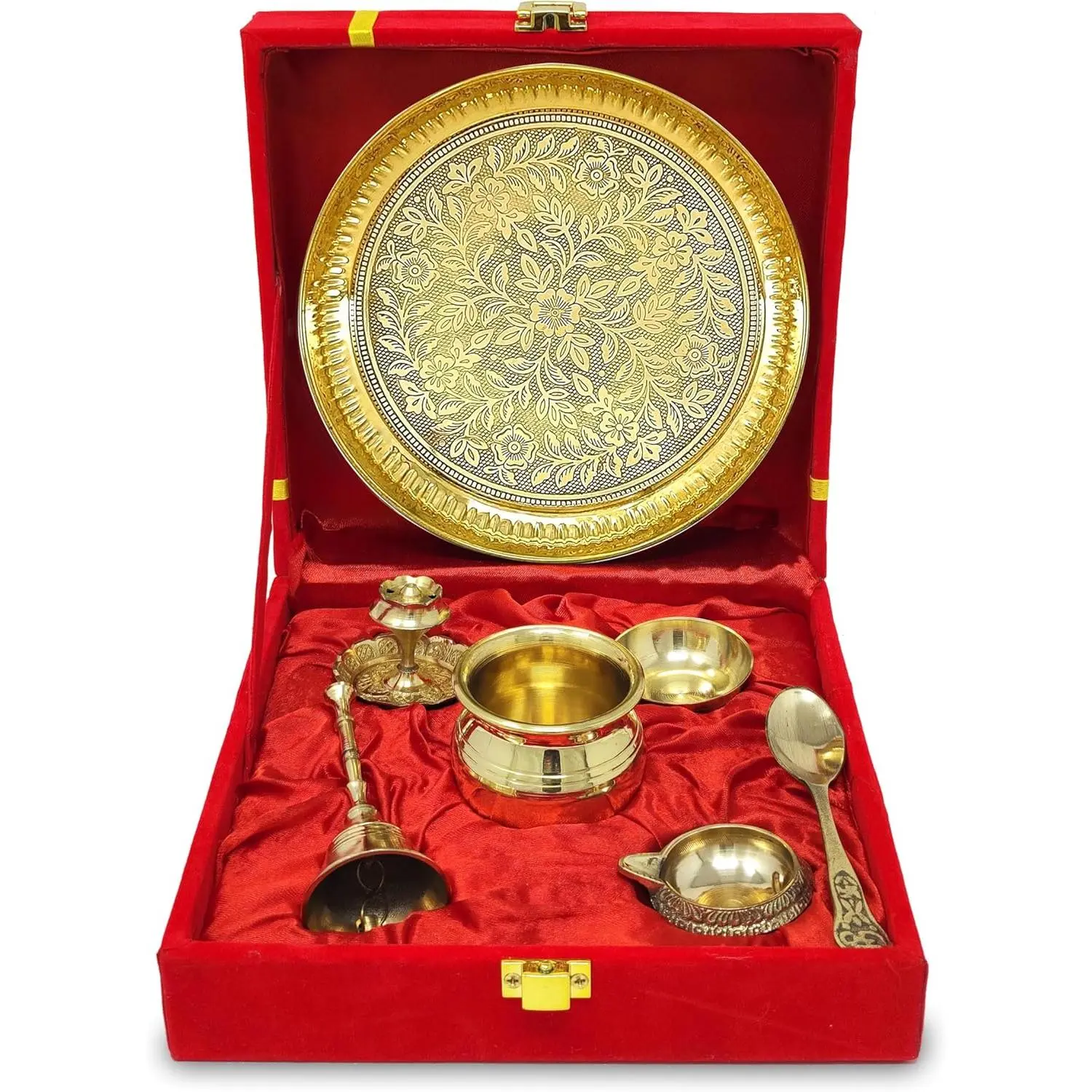 6 Inch Brass Pooja Thali Set with Red Gift Box Puja Arti Thali for Diwali Home Office Mandir Wedding Return Gifts