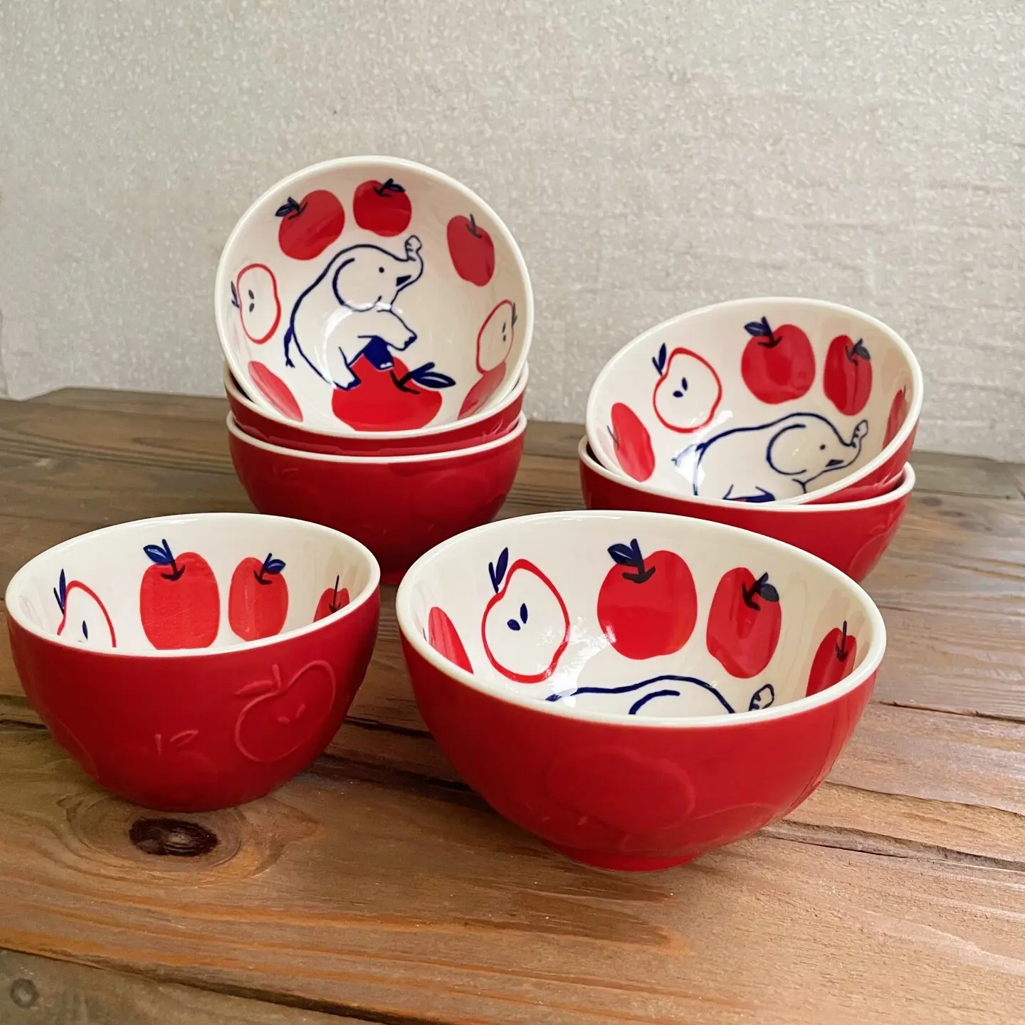 Cartoon Pattern Ceramic Bowl Set, Elephant Apple Relief Rice Bowl, High-End Soup Bowl, Dessert Bowl, Grain Bowl, 1/2 Piece Set