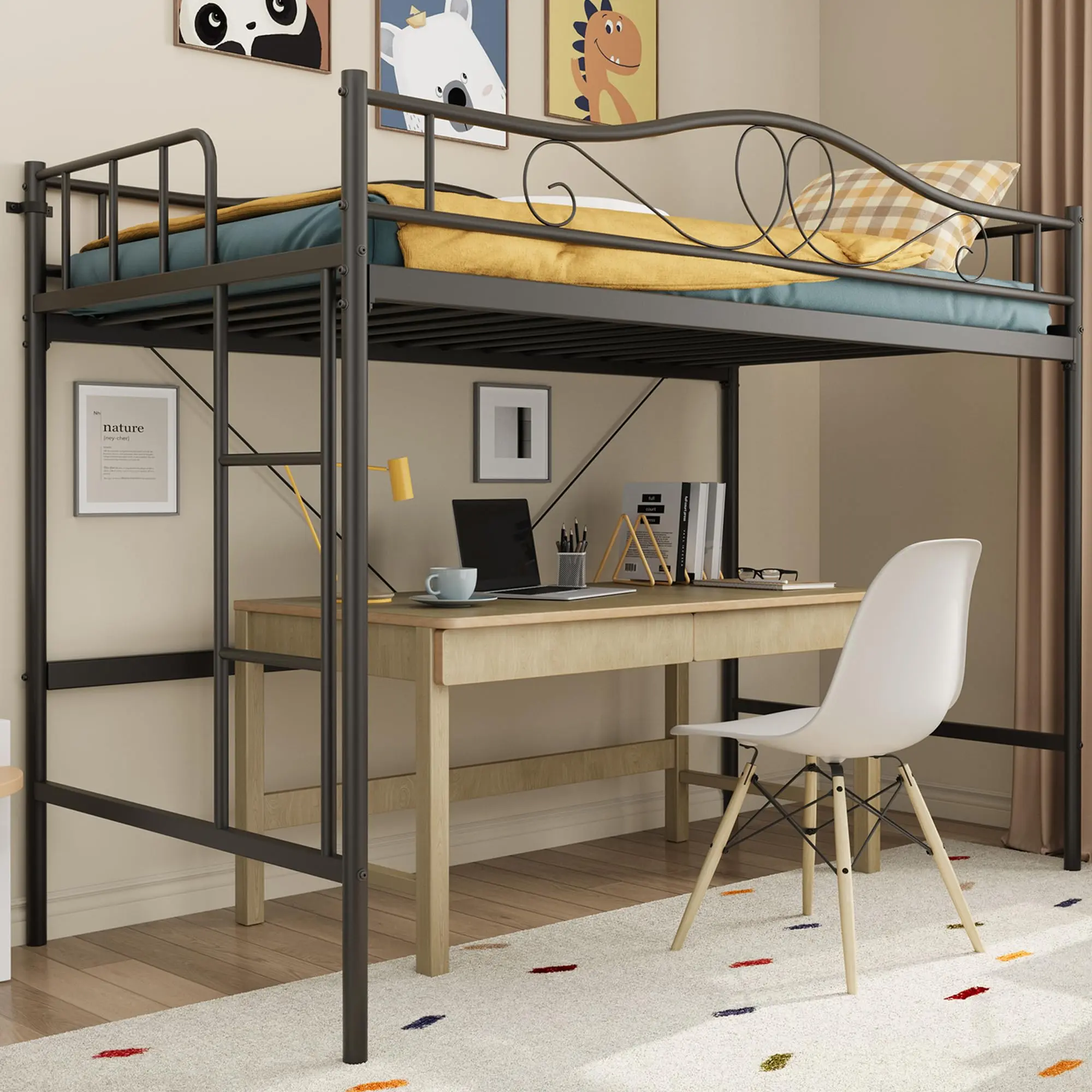 Black Twin Metal Loft Bed Frame - Safety Guardrails, 400 lbs Heavy Duty Capacity, Space-Saving High Loft Design, Integrated Ladder, Noise-Free Metal Slats Support (No Box Spring Needed) for Kids, Adults
