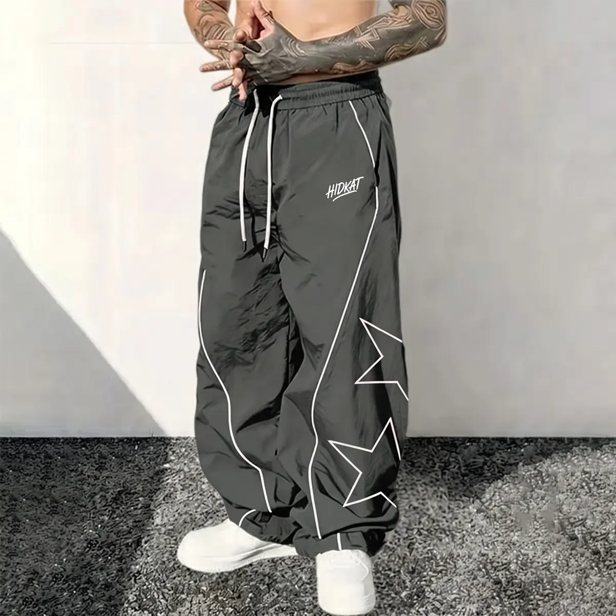 Menswear Stylish Men's Loose Fit Wide Leg Street Pants - White Star & Letter Print, Contrast Stitching, Soft Fabric, Casual Everyday Outfit