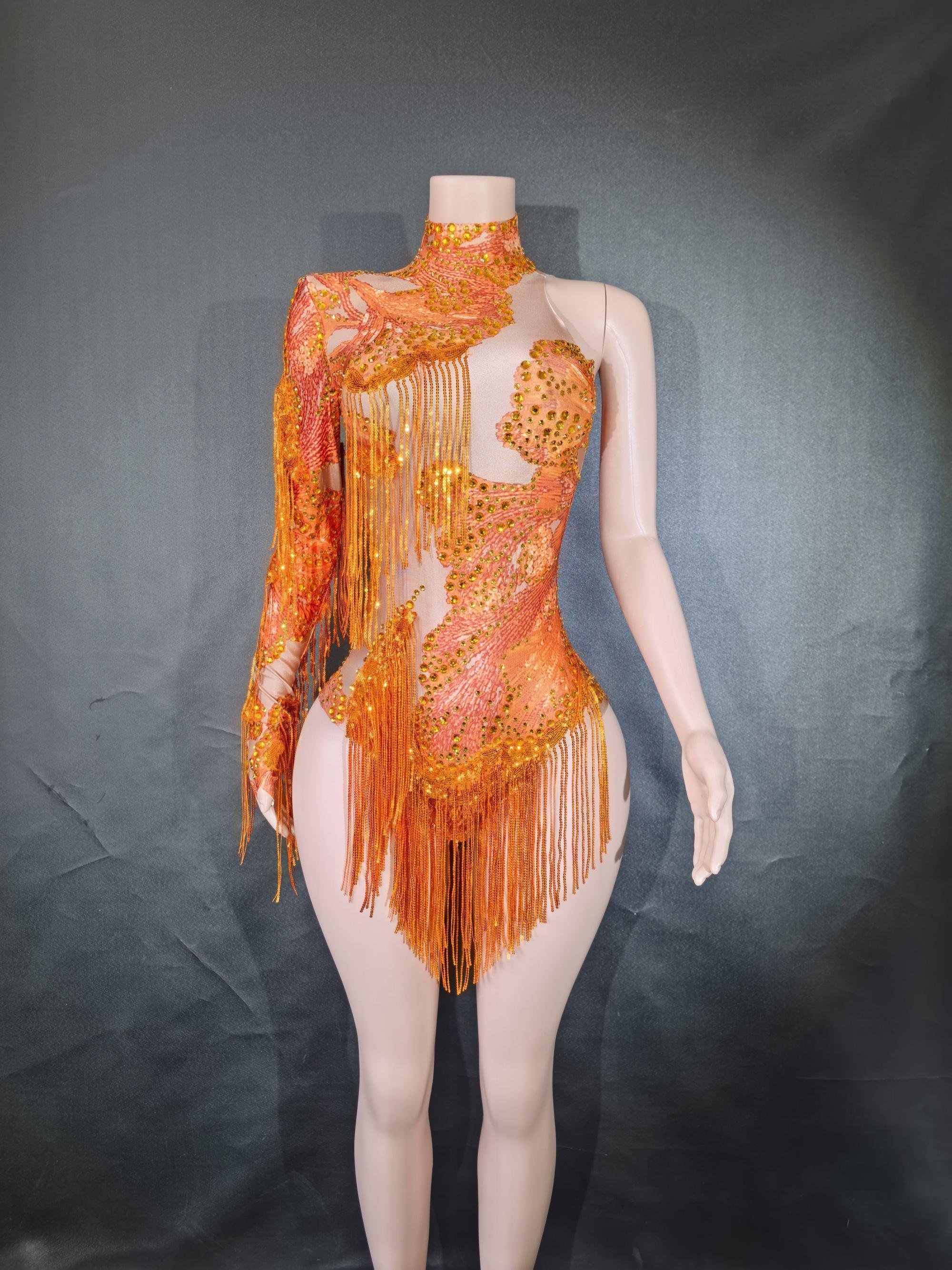 Gold Silver Sequins Tassel Elastic Bodysuit Sex)Pole Latin Dance Stage Wear Nightclub  DJSinger Dancer Performance Costume  Q025