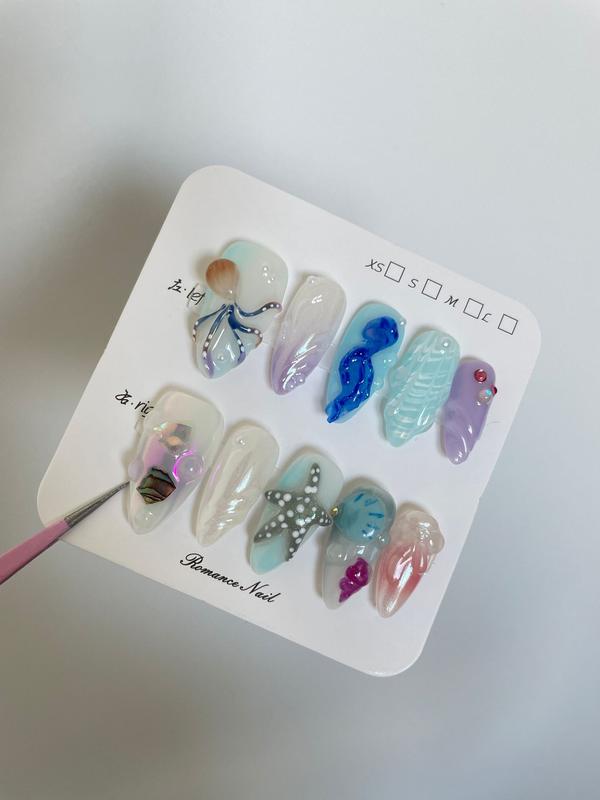 Hand-painted Happy Underwater World Almond Nail Art Set for Women with Rose Tulip Shell Bow Starry Sky Butterfly Leopard Print XINGX Almond Shape Manicure Kit