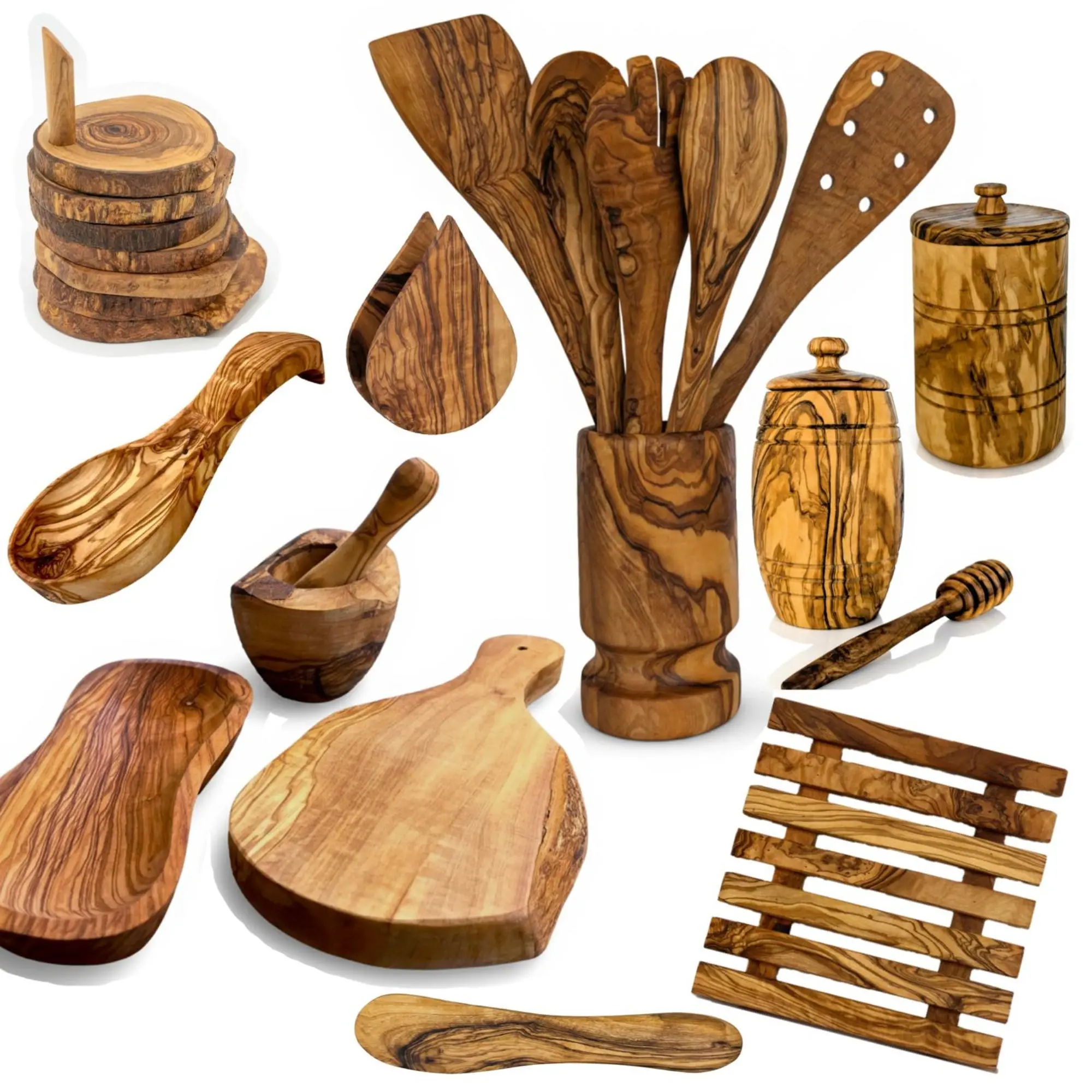 25-Piece Handcrafted Olive Wooden Kitchen Utensils Set - Oil-Finished Traditional Dining, Serving Accessories for Rustic Home Decor