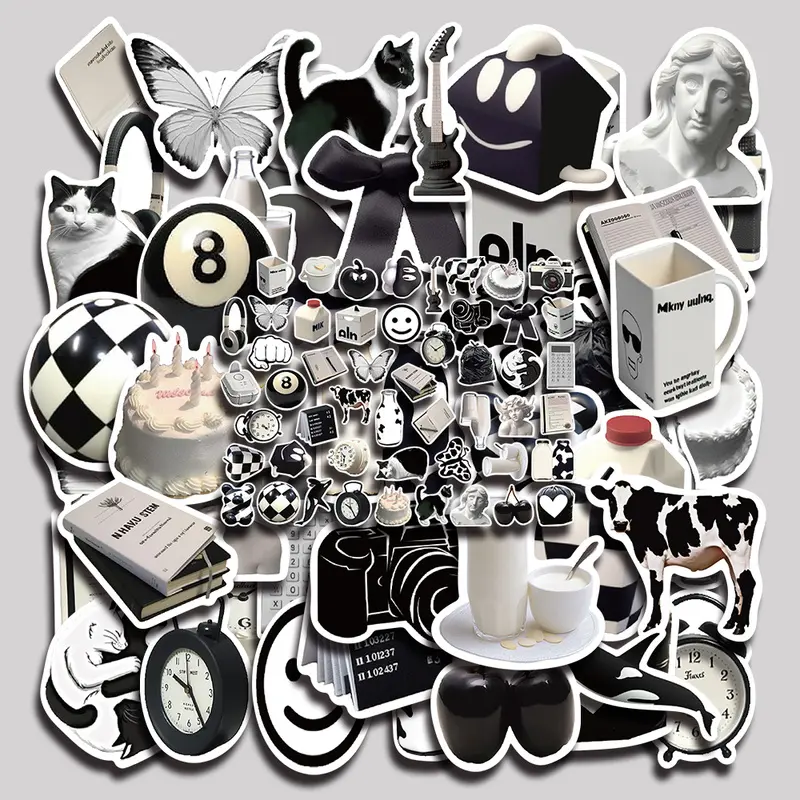 50PCS Black and White Aesthetic Vinyl Stickers Pack for Laptop Water Bottle Phone Case Skateboard Journal Scrapbook DIY Decoration