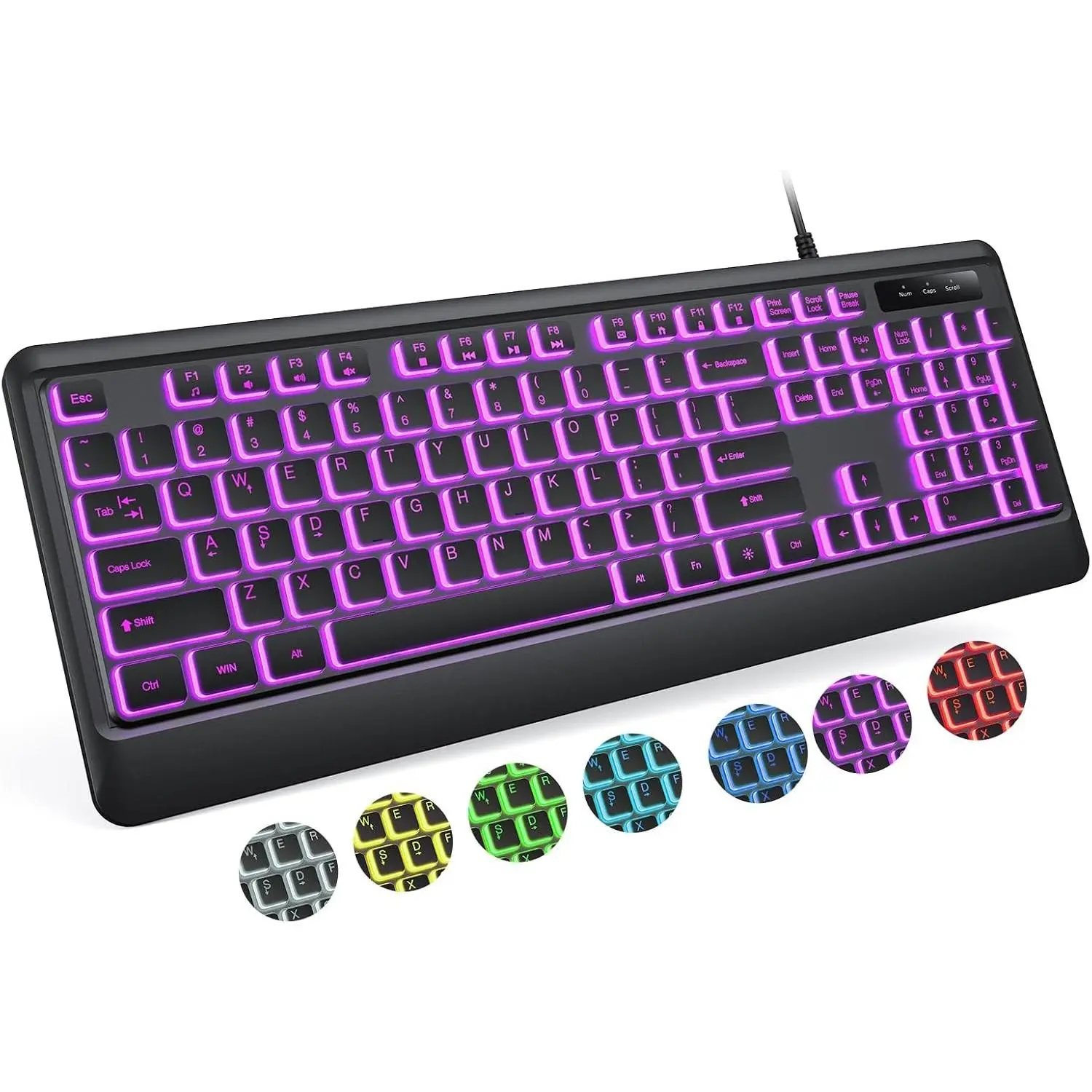 Backlit Computer Keyboards - Wired USB LED Keyboard with 7 Colors Backlight, Plug and Play, Waterproof, Full Size Quiet Keyboard for Windows Desktop, PC, Laptop, GamingGift