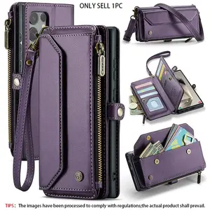 Ladies' crossbody zipper shoulder bag, Casual crossbody, shockproof phone case, suitable for Samsung Galaxy S26 S23 S22Ultra/S22Plus /A72 A71 4G A55 A54 A53 5G Magnetic suction multi card residue with long shoulder and wrist ropes multifunctional