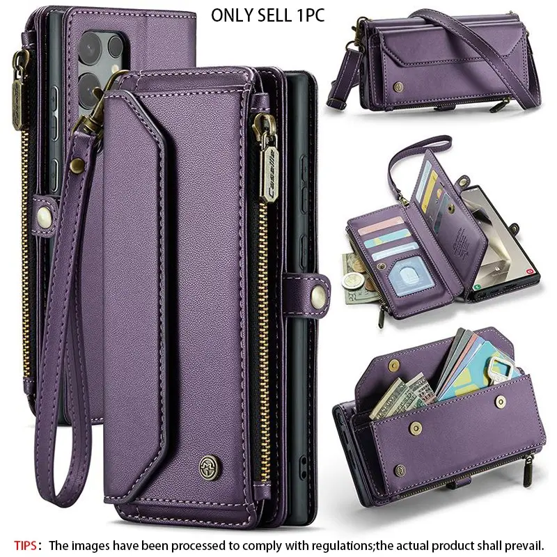 Ladies' crossbody zipper shoulder bag, Casual crossbody, shockproof phone case, suitable for Samsung Galaxy S26 S23 S22Ultra/S22Plus /A72 A71 4G A55 A54 A53 5G Magnetic suction multi card residue with long shoulder and wrist ropes multifunctional