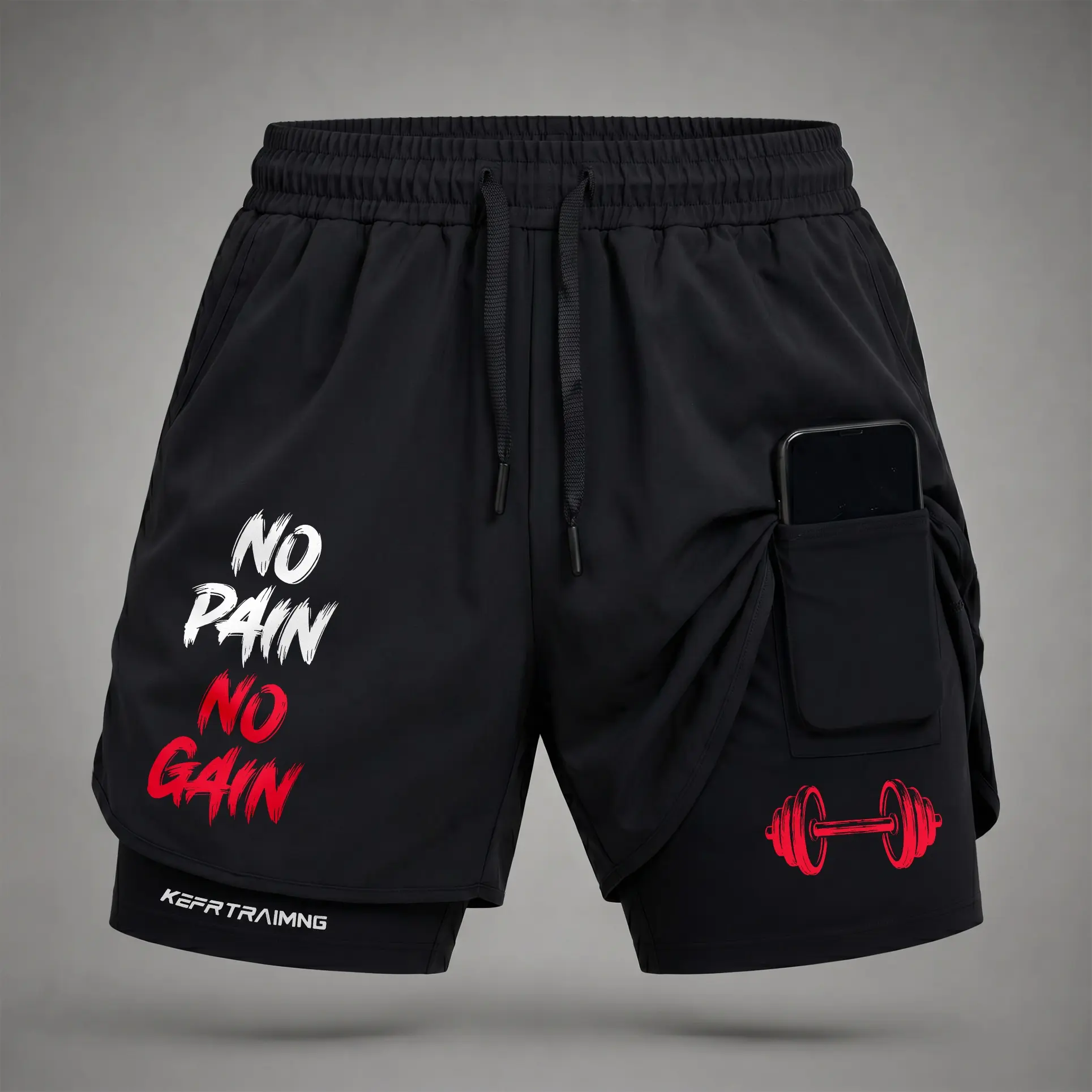 Men’s No Pain No Gain Graphic Print 2-in-1 Athletic Shorts, Built-in Compression Liner, Secure Inner Phone Pocket, Elastic Drawstring Waist, Quick-Dry Gym Running Training Shorts for Summer Daily Wear