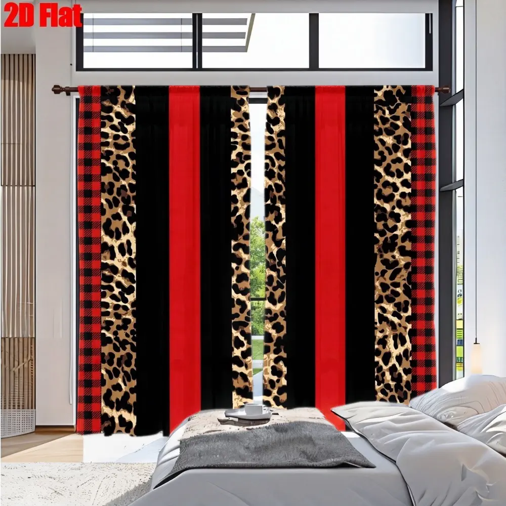 2D Flat 2Pcs Leopard Print Plaid Vertical Stripe Curtains