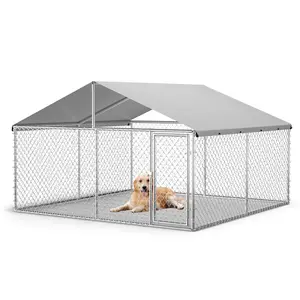 Heavy Duty Outdoor Dog Kennel 10x10x6ft Galvanized Steel Large Dog Crate Run Playpen with Weatherproof UV Resistant Roof Canopy Predator Proof Wire Fence Chicken Coop Metal Animal Cage Extension Kit for Backyard Farm
