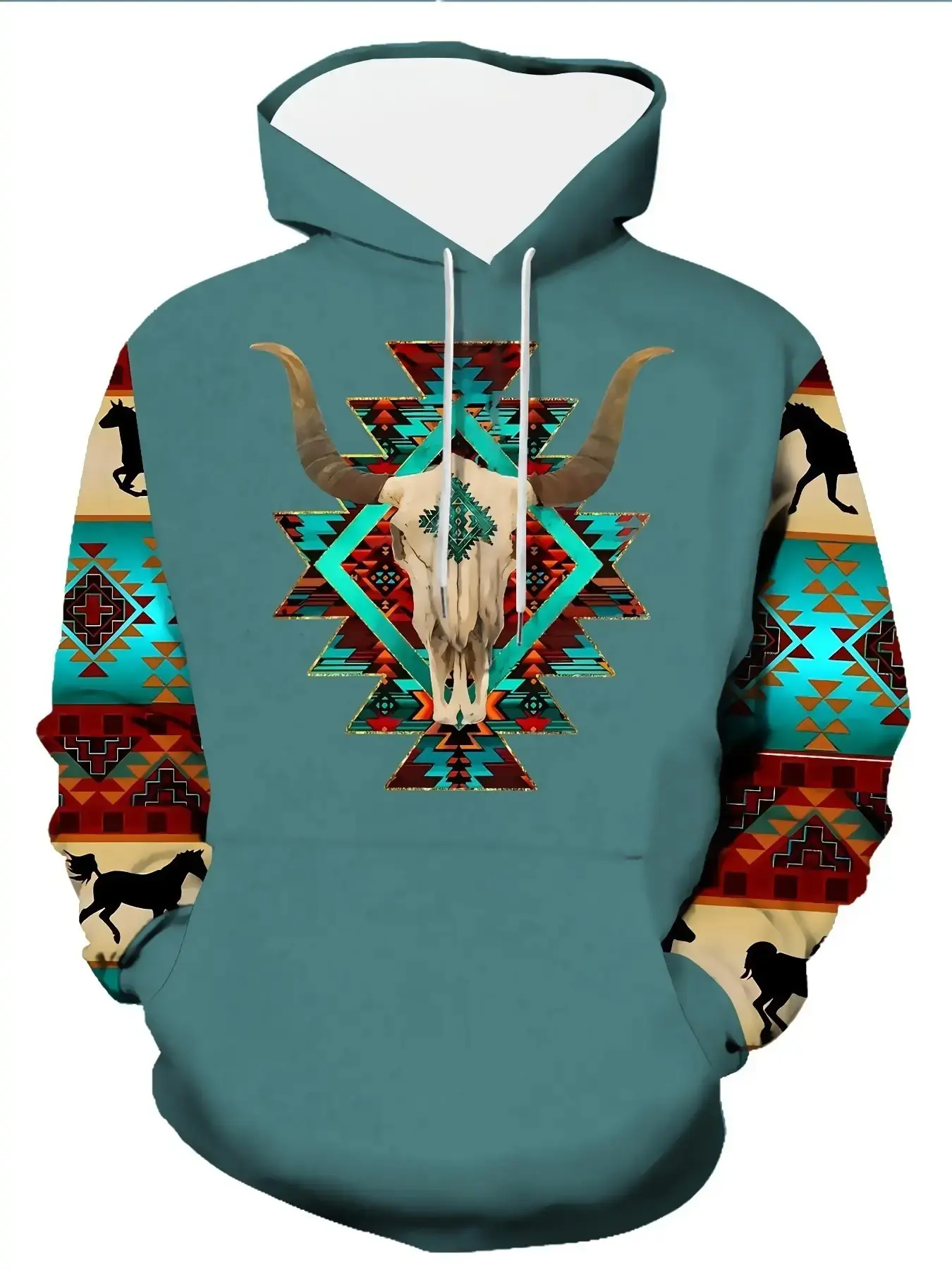 Men's Western Aztec Cultural Geometric Print Hoodie, Bull Skull Cross Pattern Sweatshirt, Ethnic Tribal Long Sleeve Casual Top, All Seasons