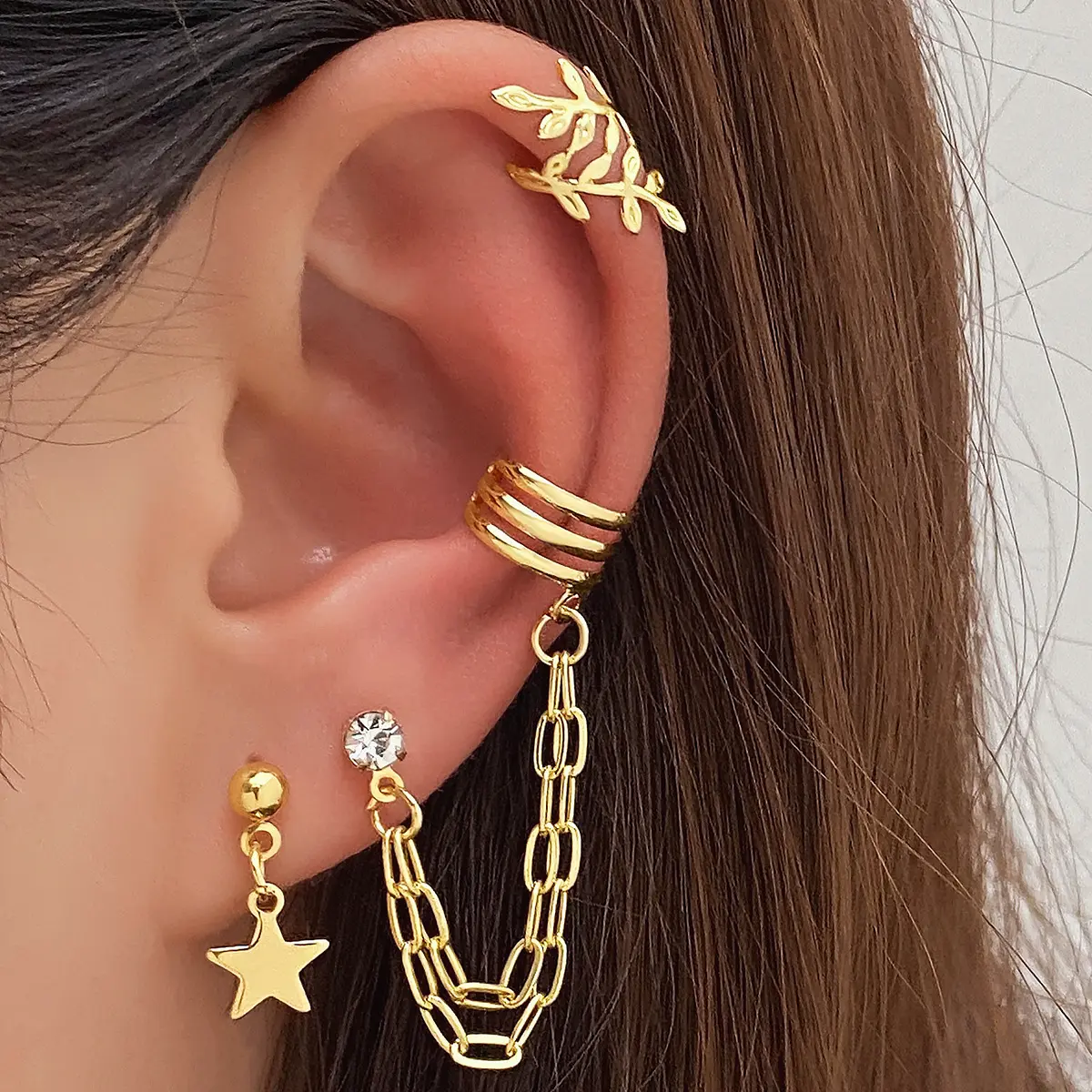 Women's Casual Nylon Ear Cuff Set - Gold Leaf, Tassel Chain, Dainty Star Drop Stud, Multi-Layer Link Chain, Cartilage Helix Clip Earrings for Daily Wear