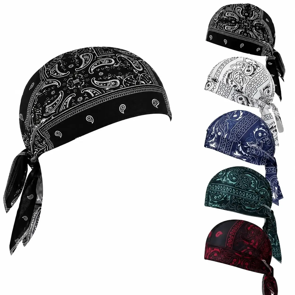 Polyester 5-Pack Paisley Print Bandanas for Men - Adjustable Tie-Back Headwraps, Lightweight Cycling Skull Caps, Helmet Liners, Versatile Beach Sports Headwear for Summer Outdoor Use