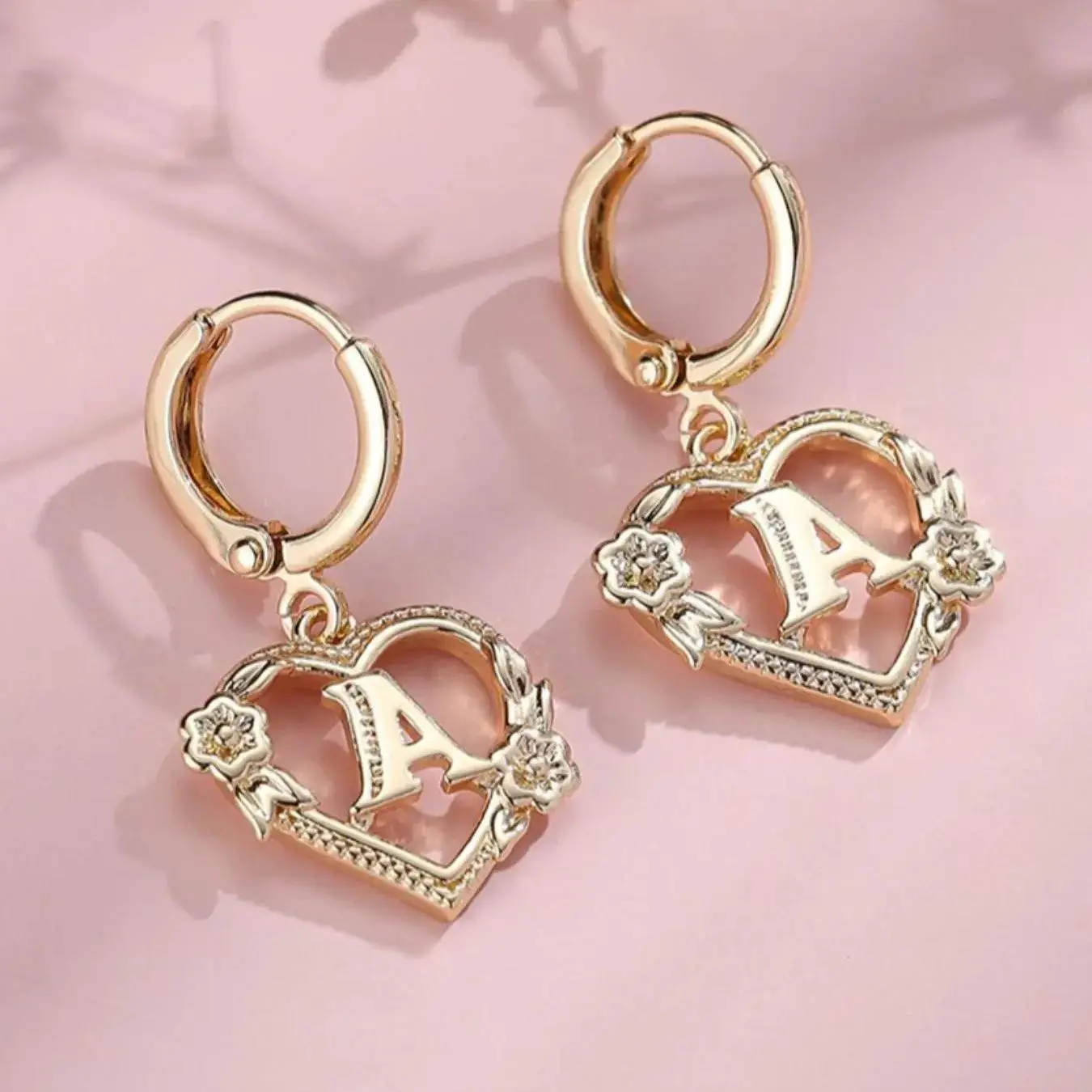 Fashion Heart & Flower A-Z Letter Dangle Earrings, Heart Shaped Letter Drop Earrings, Trendy All-Match Exquisite Jewelry Birthday Gift for Women