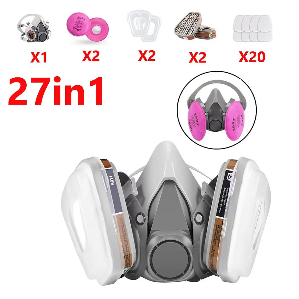 27-In-1 Gas Mask 6200 Set with Cartridge Box, Respirator Face Mask, Protective Respirator, Ideal for Organic Acid Vapors & Dust Protection, Perfect for Mining & Vehicle Painting
